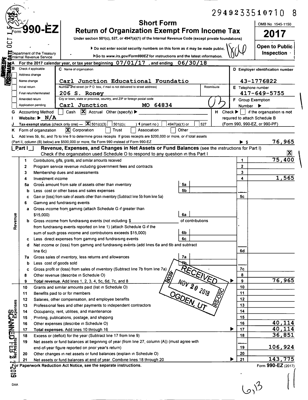 Image of first page of 2017 Form 990EZ for Carl Junction Educational Foundation