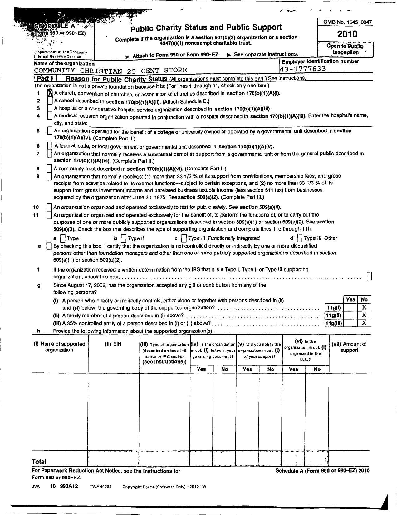 Image of first page of 2010 Form 990ER for Community Christian 25 Cent Store