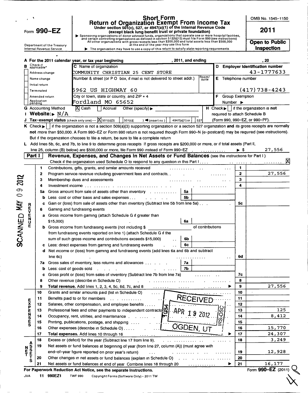 Image of first page of 2011 Form 990EZ for Community Christian 25 Cent Store