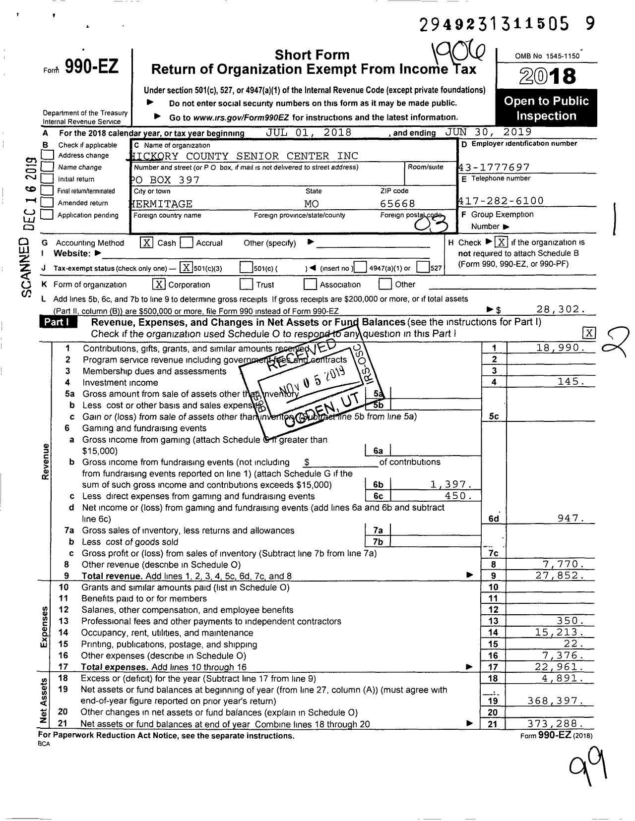 Image of first page of 2018 Form 990EZ for Hickory County Senior Center