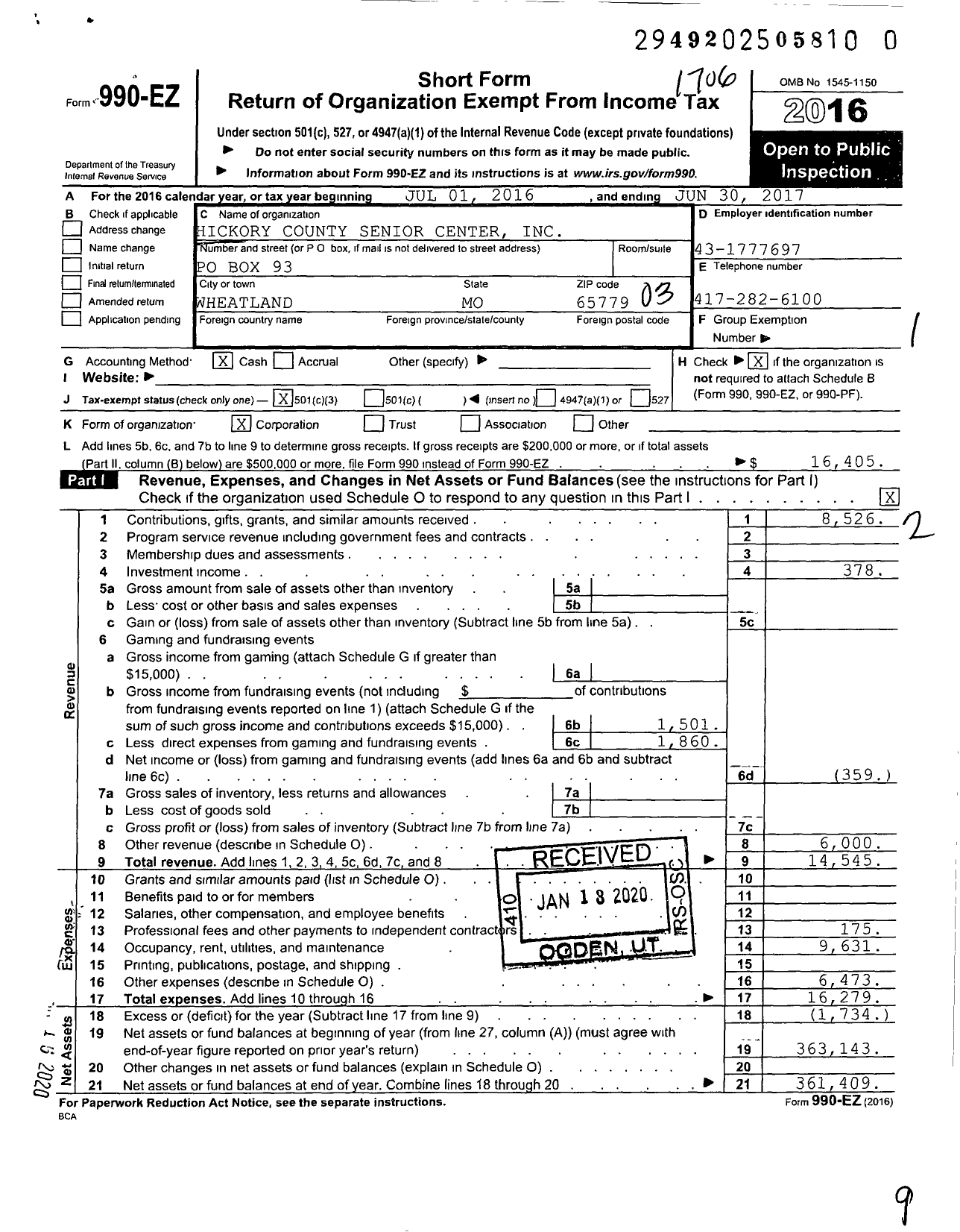 Image of first page of 2016 Form 990EZ for Hickory County Senior Center