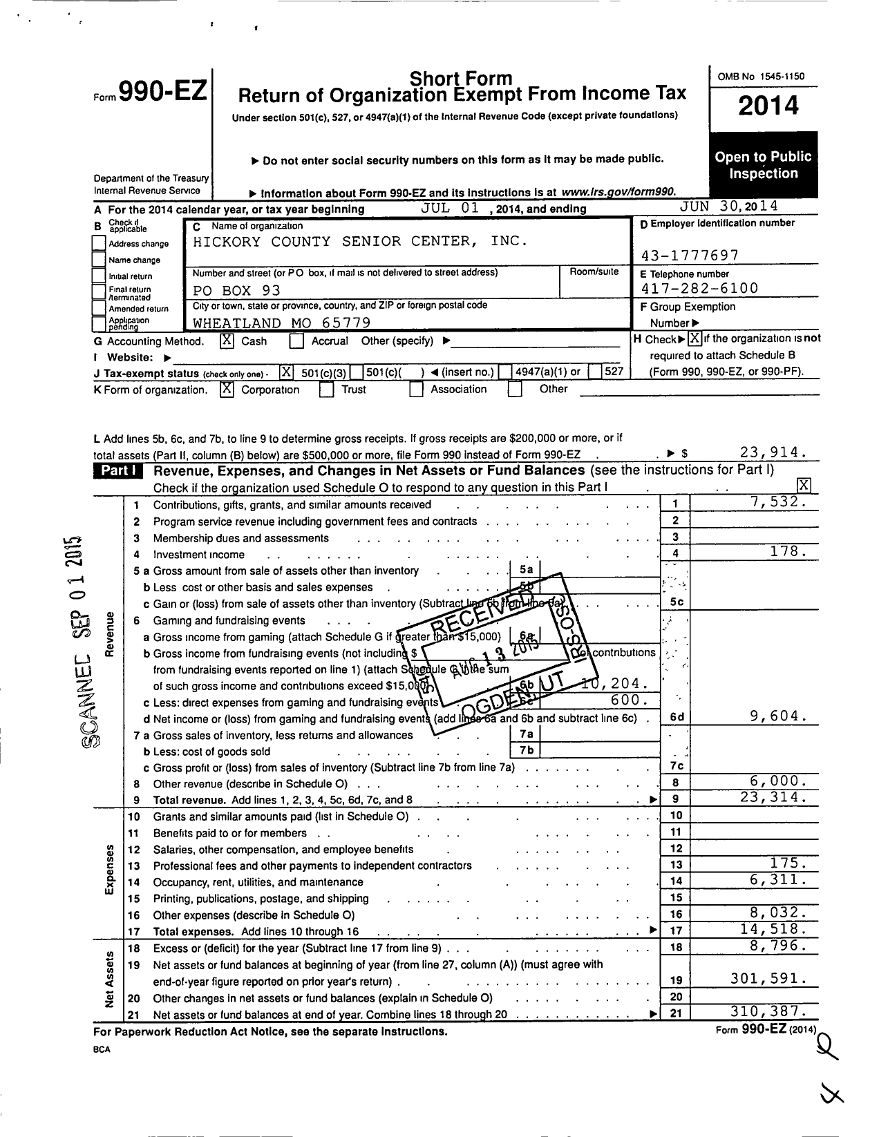 Image of first page of 2013 Form 990EZ for Hickory County Senior Center