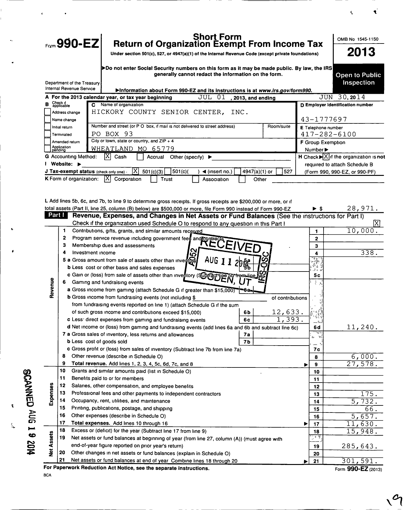 Image of first page of 2013 Form 990EZ for Hickory County Senior Center