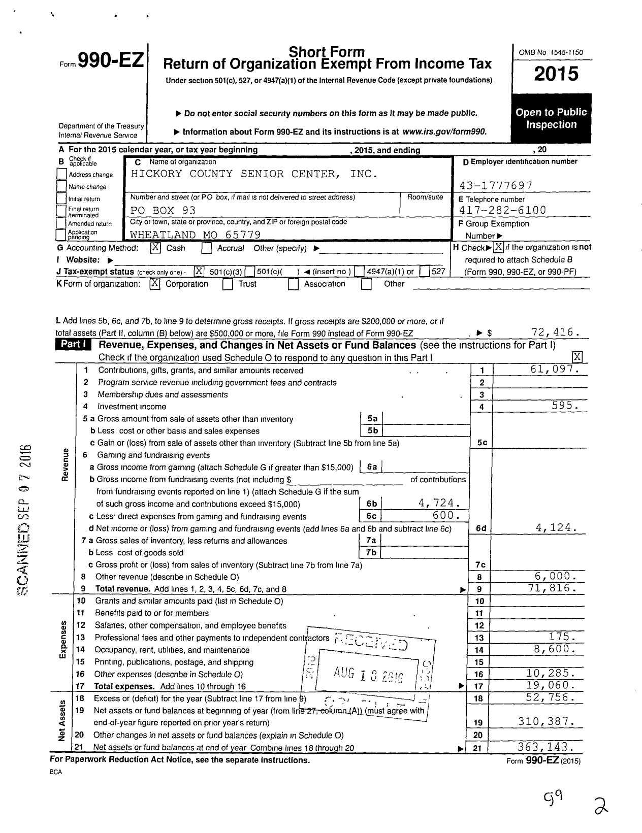 Image of first page of 2015 Form 990EZ for Hickory County Senior Center