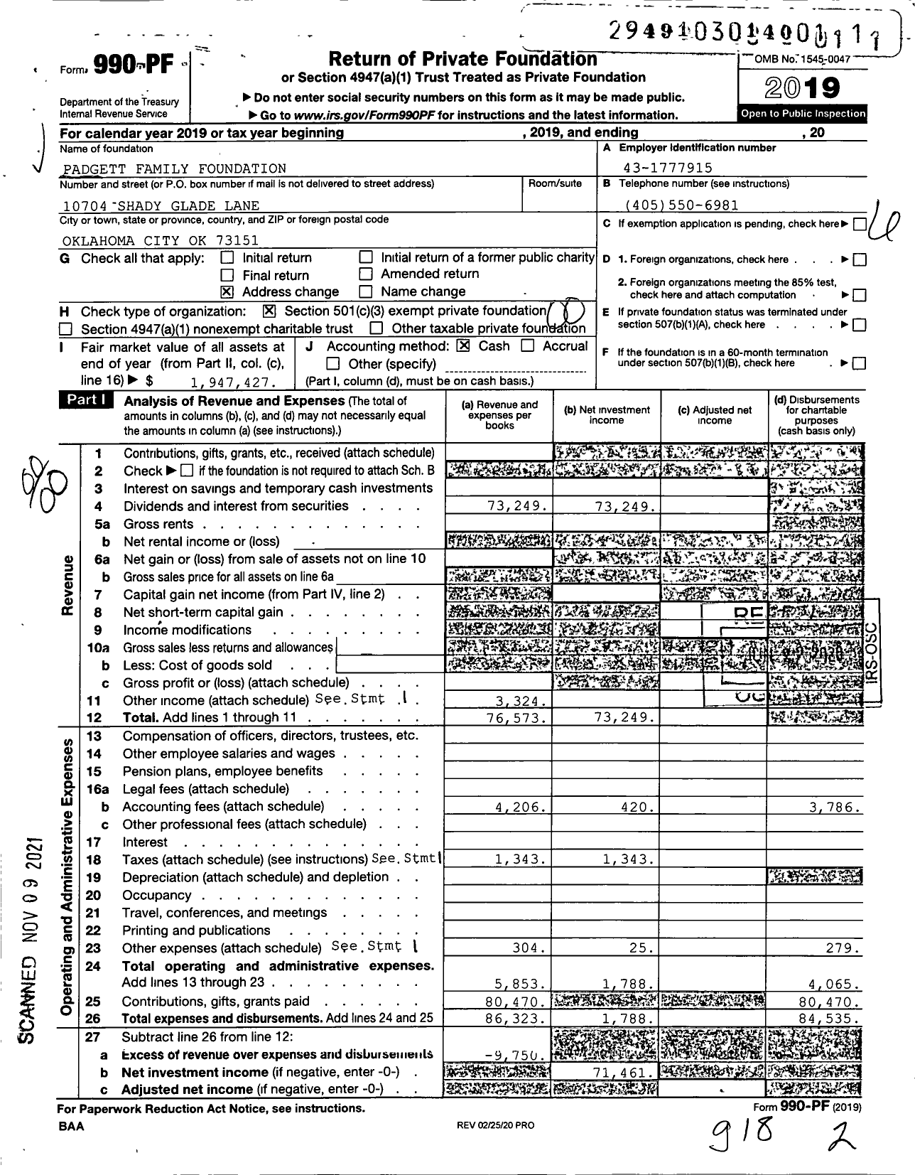 Image of first page of 2019 Form 990PF for Padgett Family Foundation