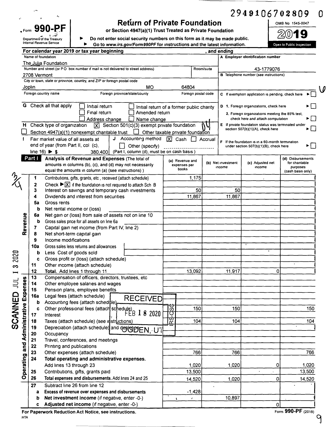 Image of first page of 2019 Form 990PR for The Julia Foundation