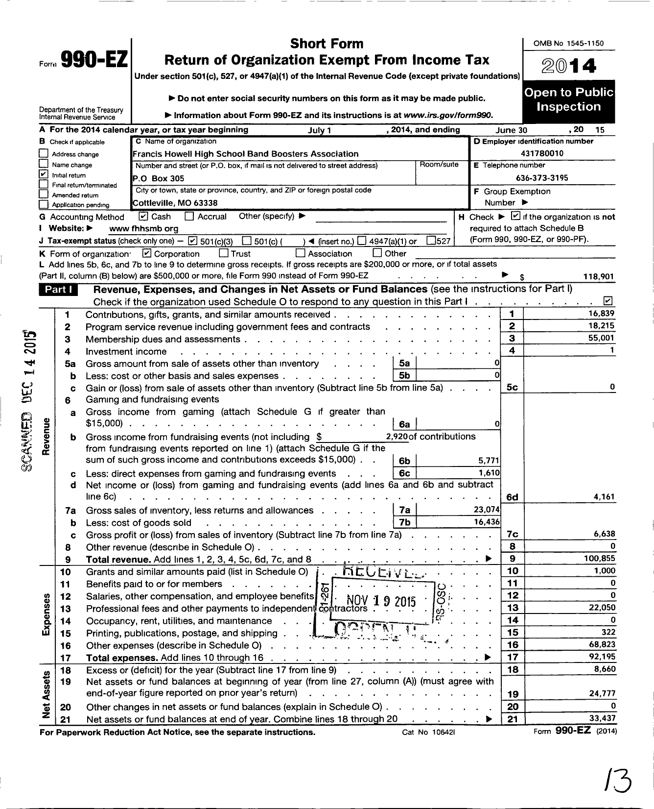 Image of first page of 2014 Form 990EZ for Francis Howell High School Band Boosters Association