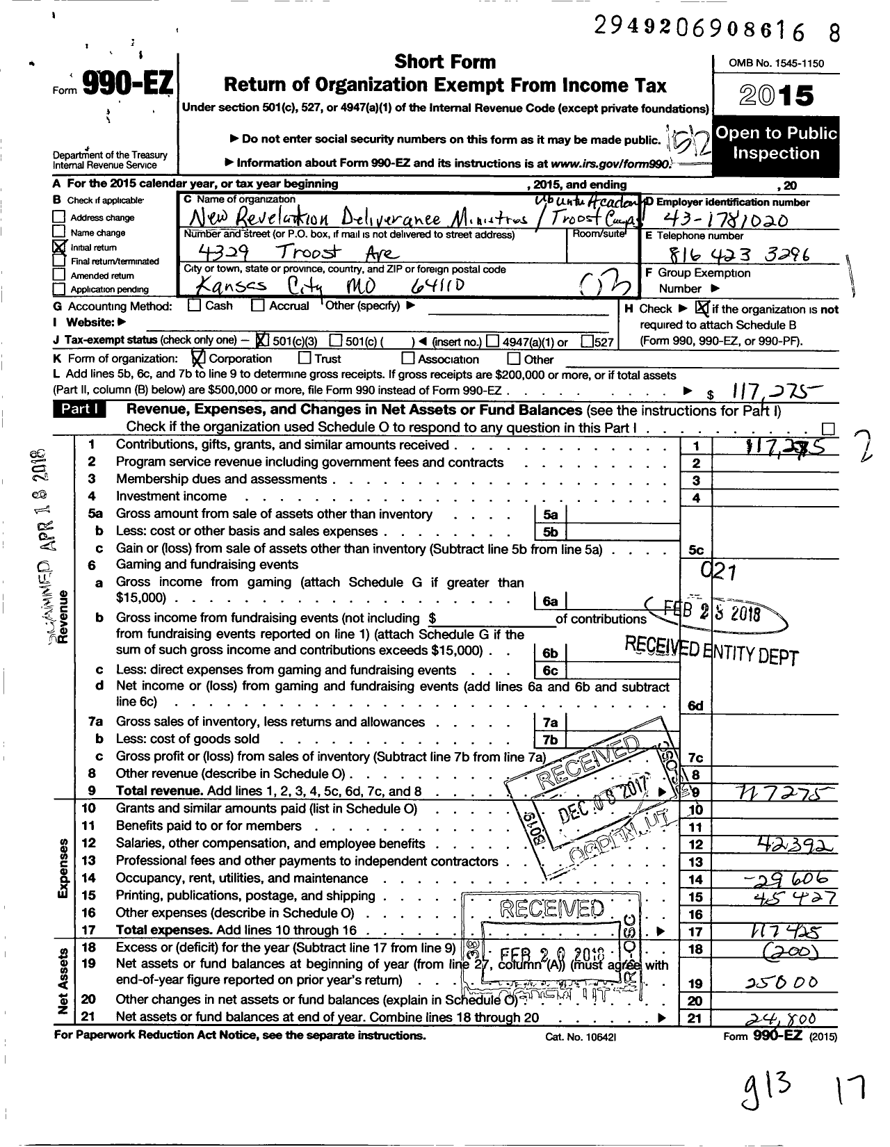 Image of first page of 2015 Form 990EZ for New Revelation Deliverance Ministries