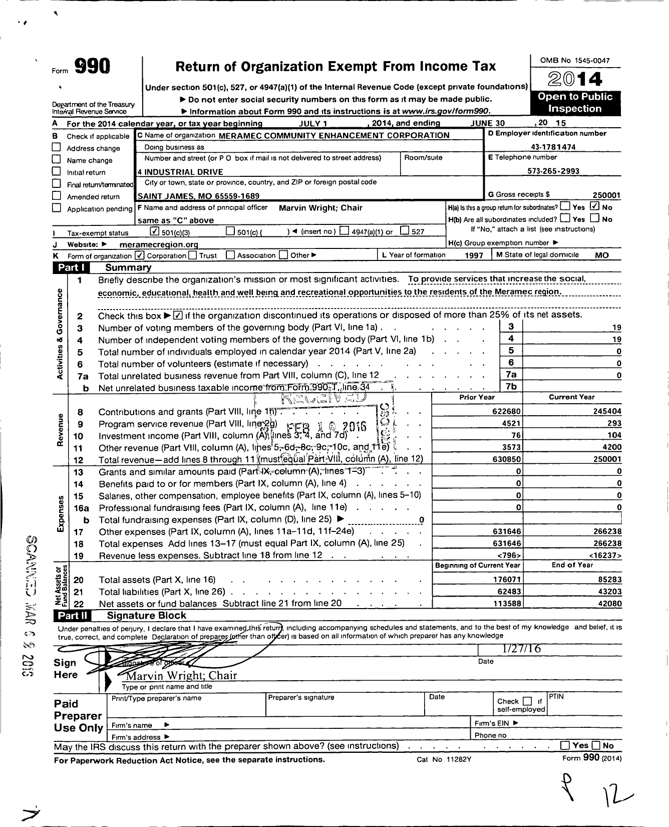 Image of first page of 2014 Form 990 for Meramec Community Enhancement Corporation