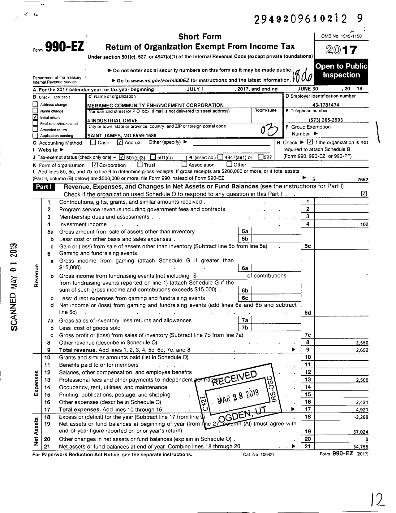 Image of first page of 2017 Form 990EZ for Meramec Community Enhancement Corporation