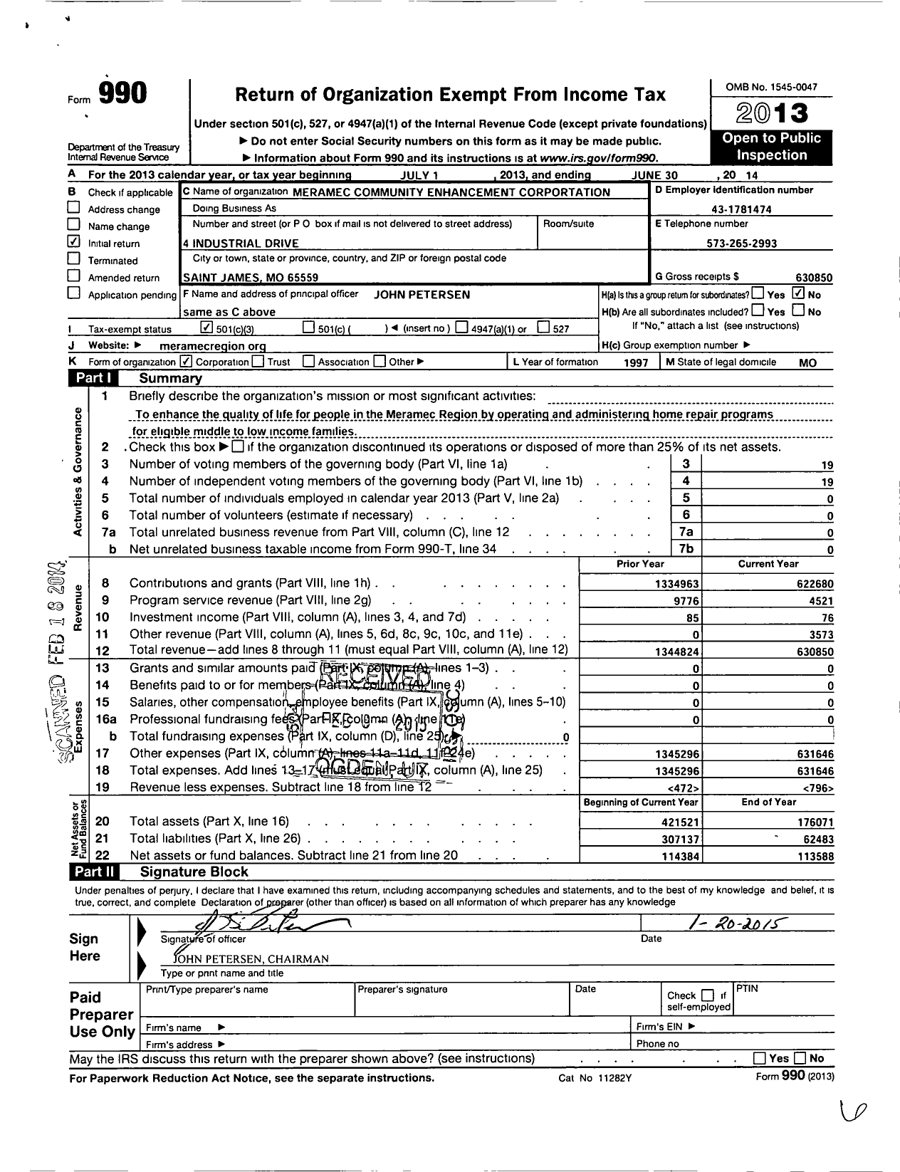 Image of first page of 2013 Form 990 for Meramec Community Enhancement Corporation