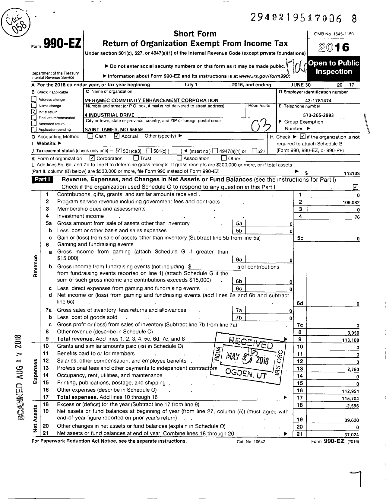 Image of first page of 2016 Form 990EZ for Meramec Community Enhancement Corporation