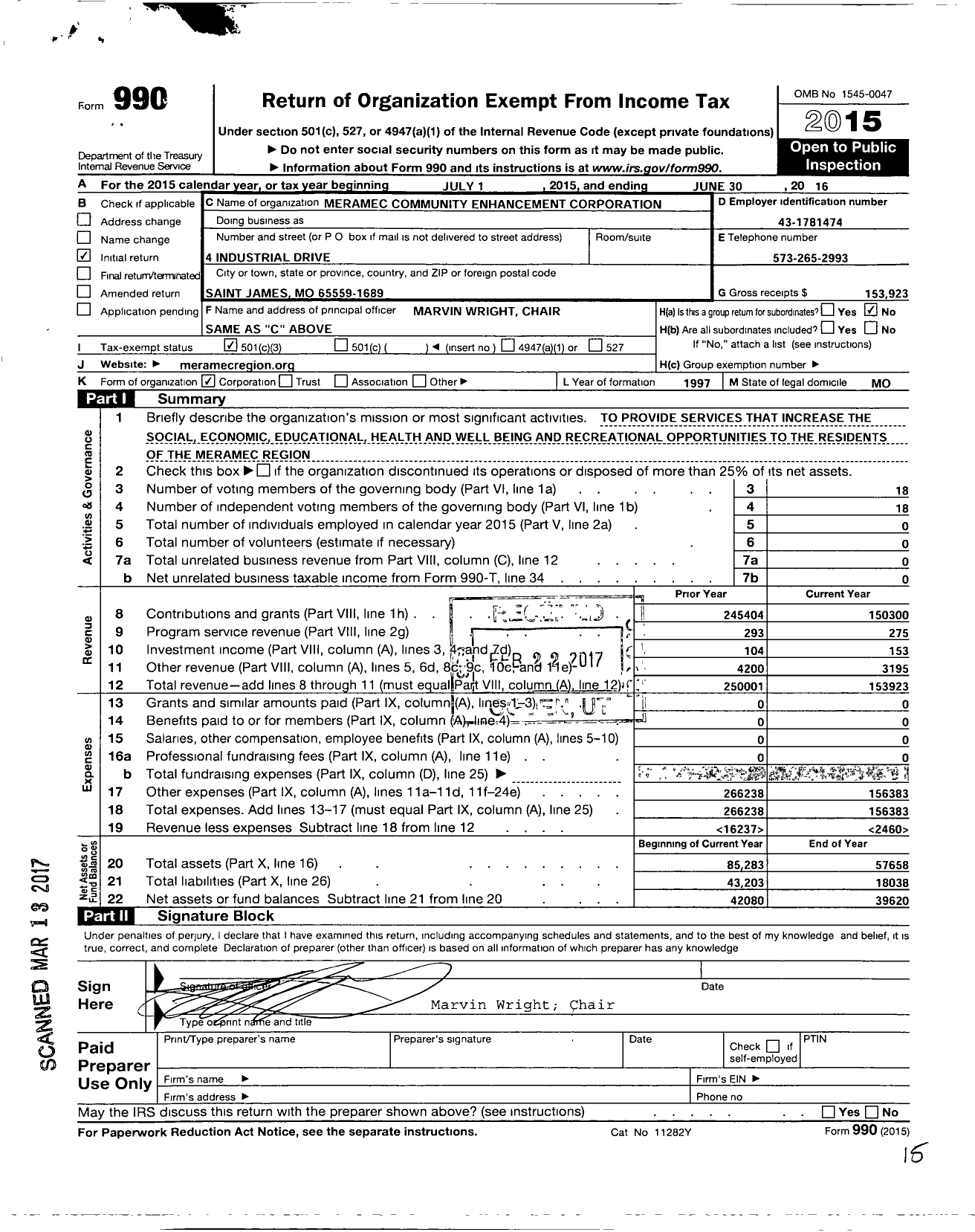 Image of first page of 2015 Form 990 for Meramec Community Enhancement Corporation