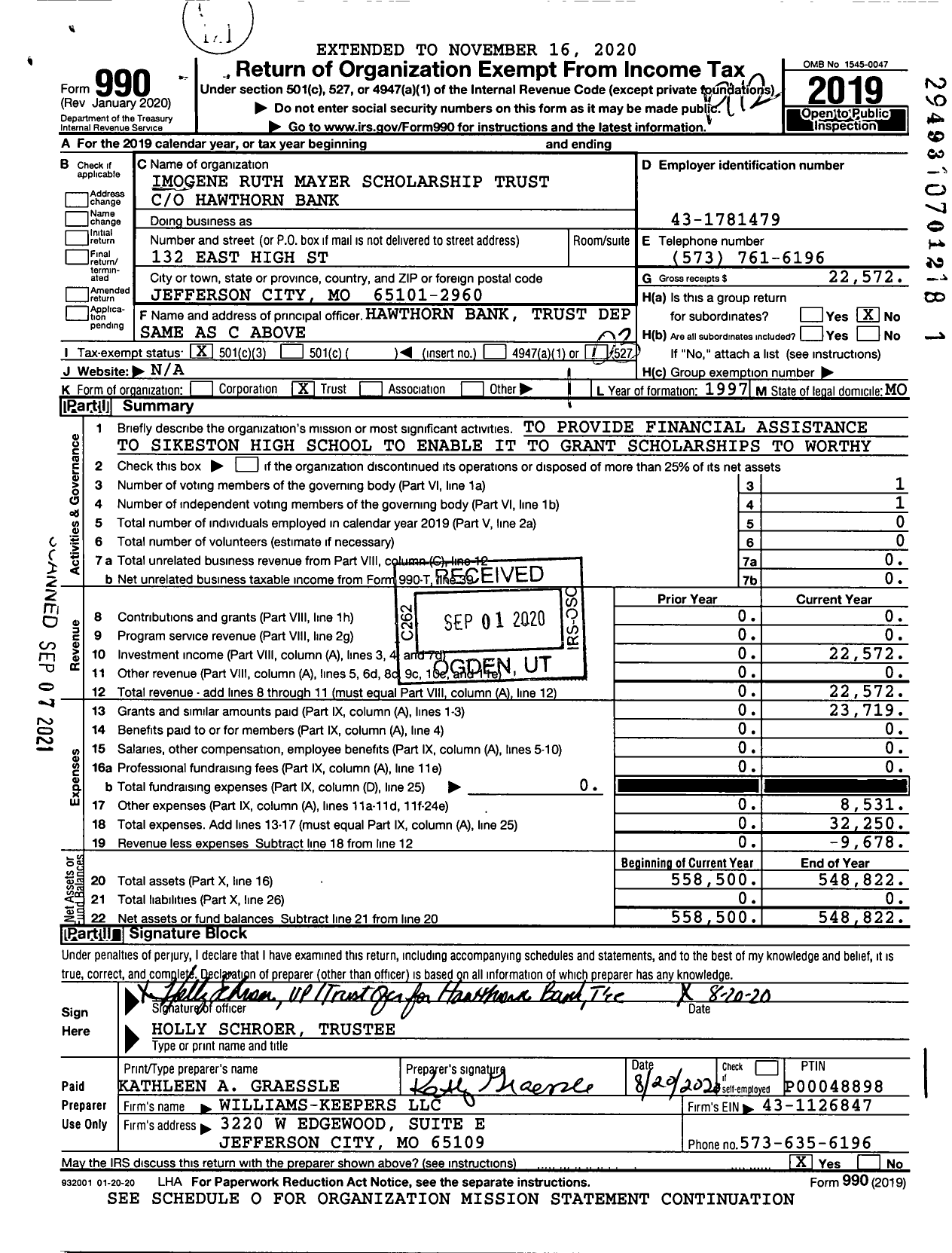 Image of first page of 2019 Form 990 for Imogene Ruth Mayer Scholarship Trust
