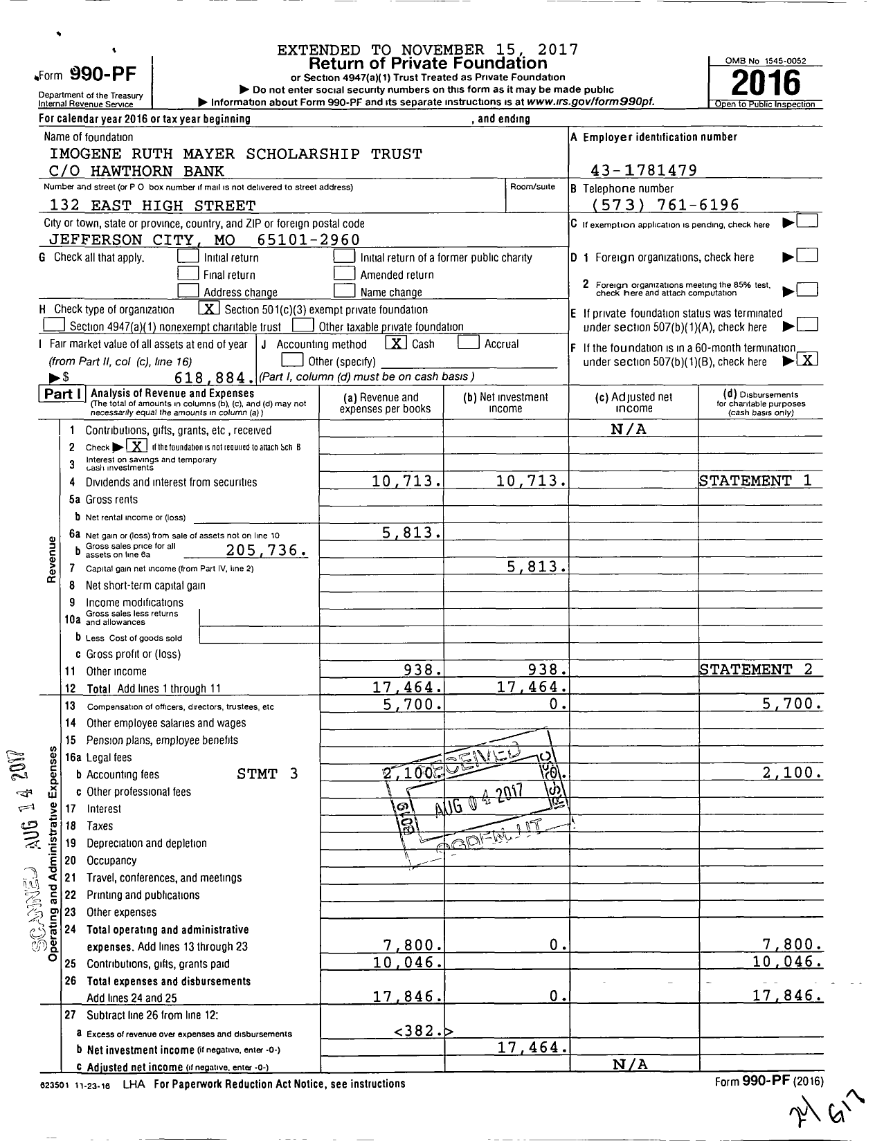 Image of first page of 2016 Form 990PF for Imogene Ruth Mayer Scholarship Trust