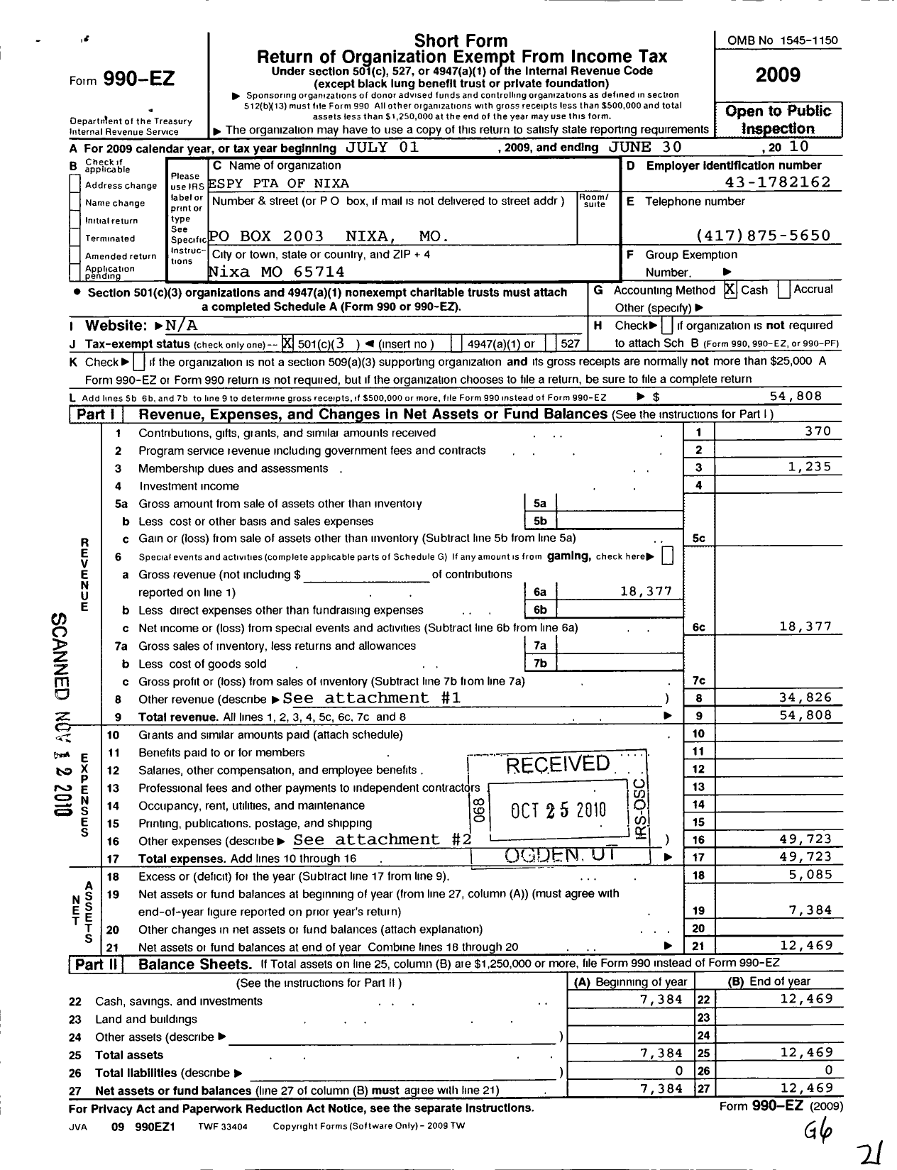 Image of first page of 2009 Form 990EZ for PTA Missouri Congress / Espy PTA of Nixa