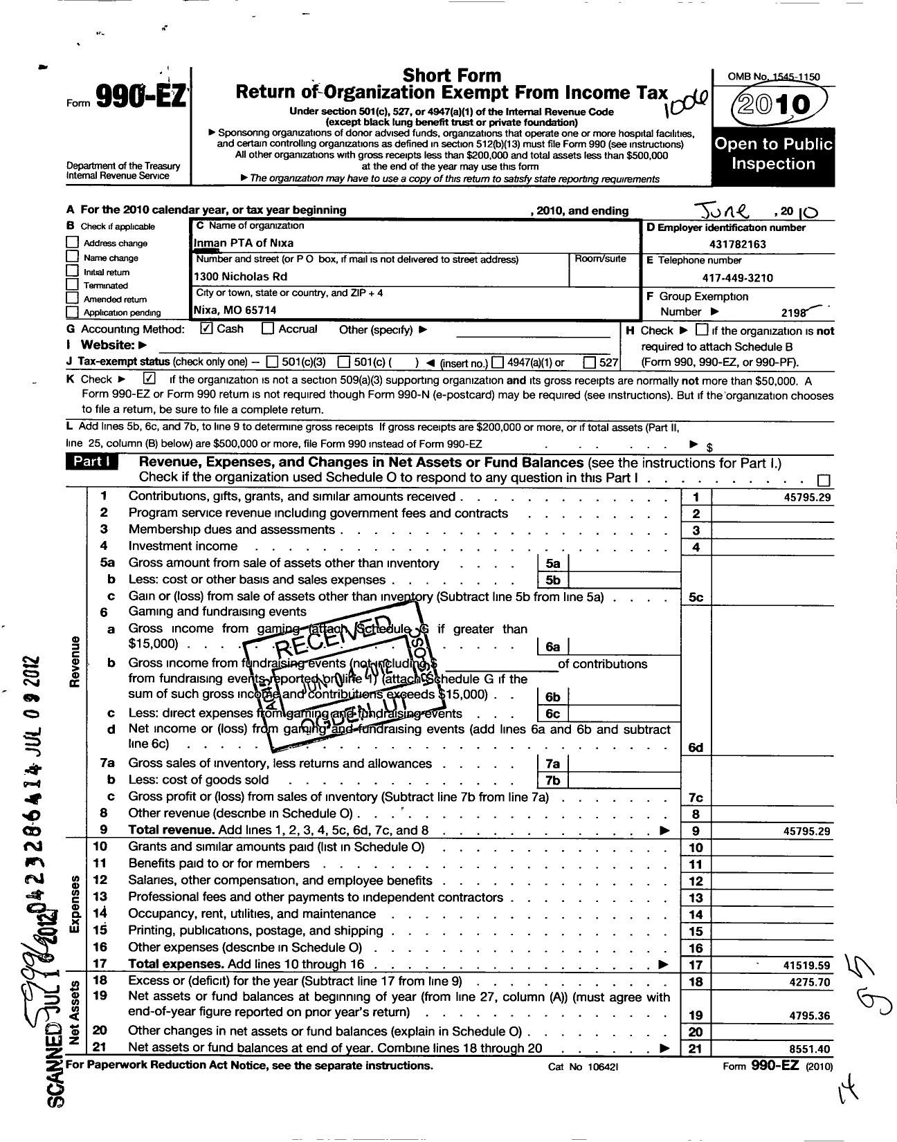 Image of first page of 2009 Form 990EO for PTA Missouri Congress / Inman PTA of Nixa