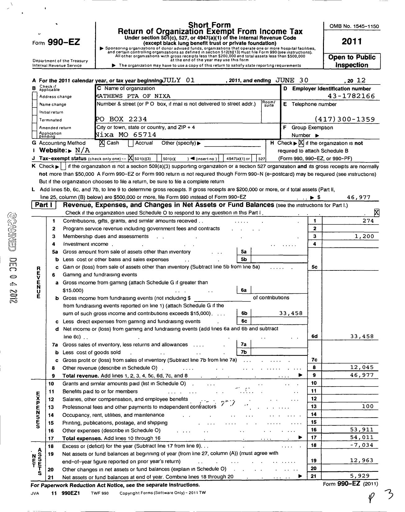 Image of first page of 2011 Form 990EZ for PTA Missouri Congress / Mathews PTA of Nixa