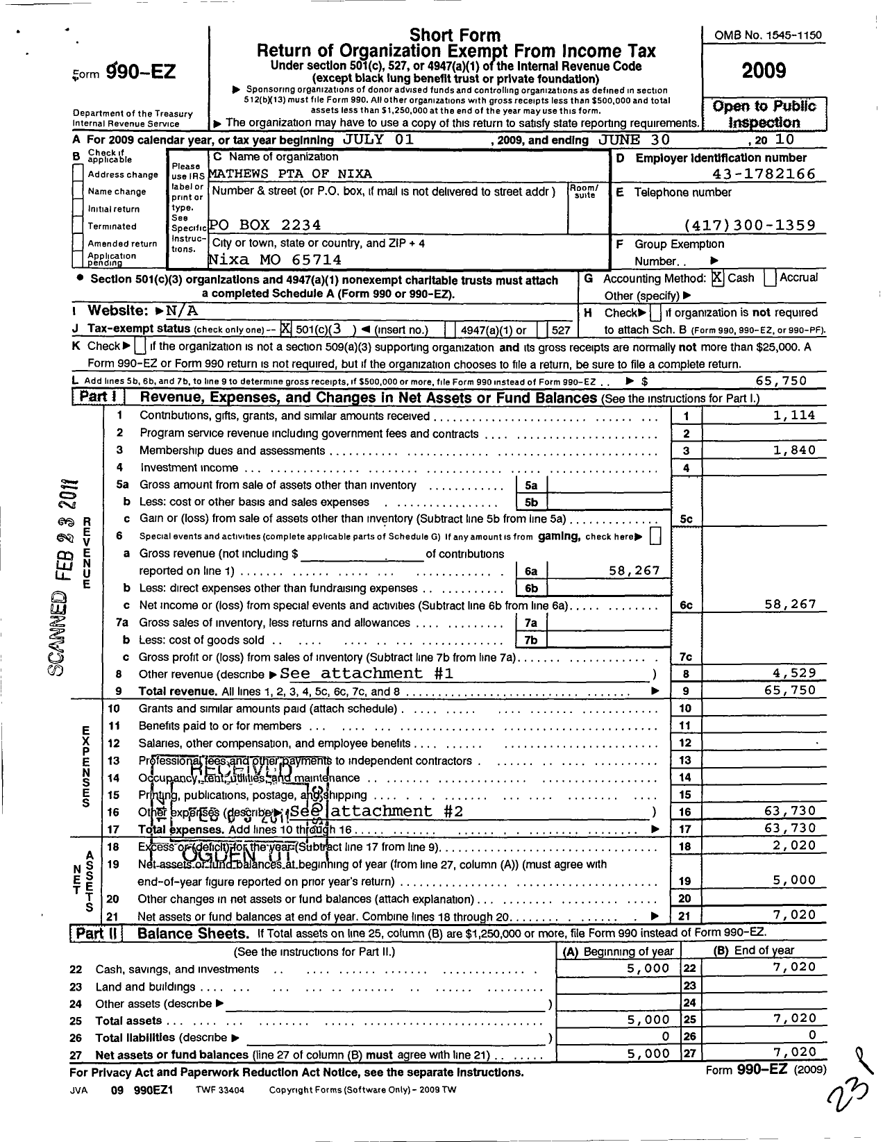 Image of first page of 2009 Form 990EZ for PTA Missouri Congress / Mathews PTA of Nixa