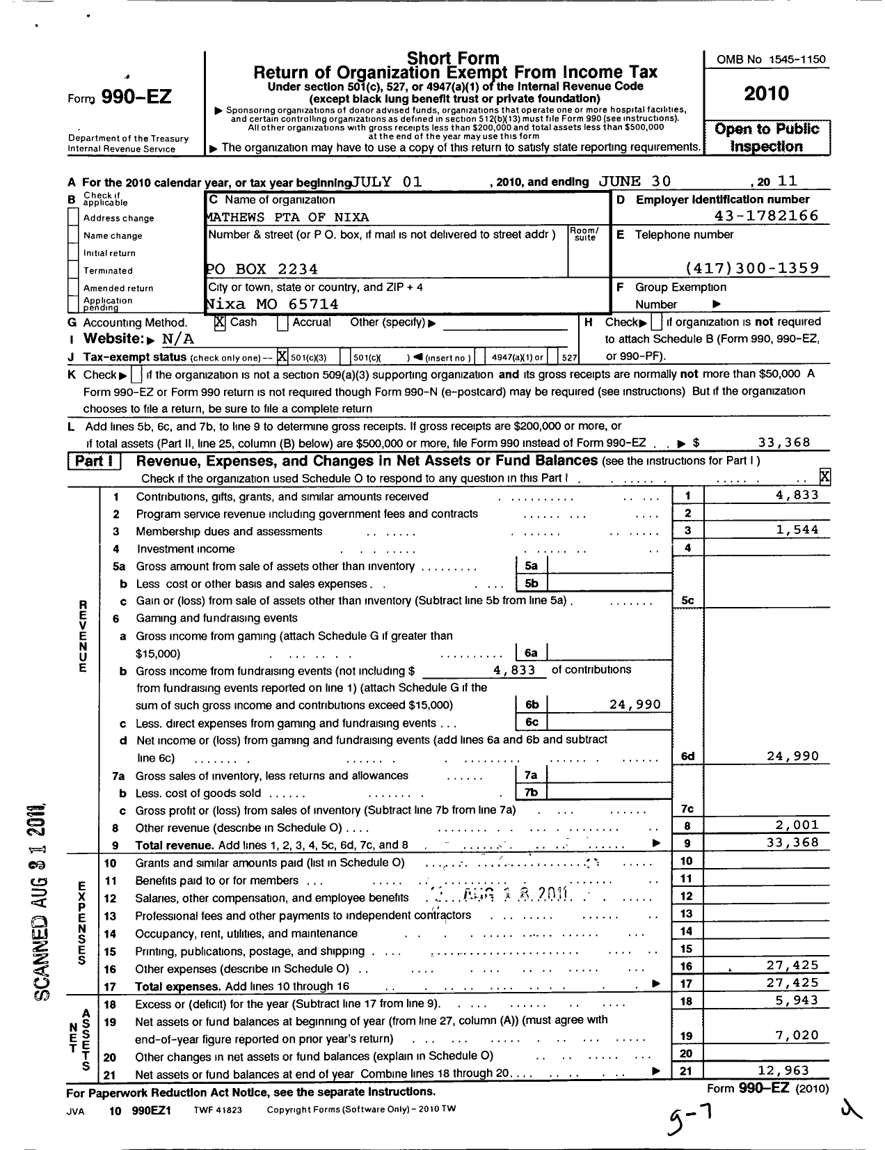 Image of first page of 2010 Form 990EZ for PTA Missouri Congress / Mathews PTA of Nixa