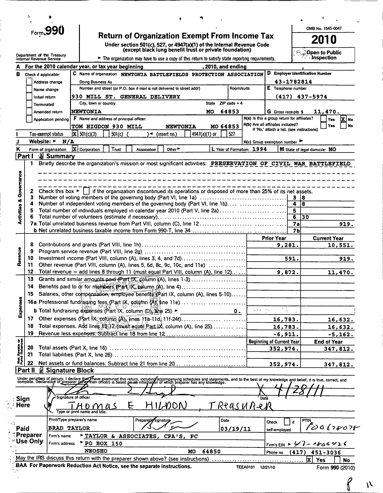 Image of first page of 2010 Form 990 for Newtonia Battlefields Protection Association