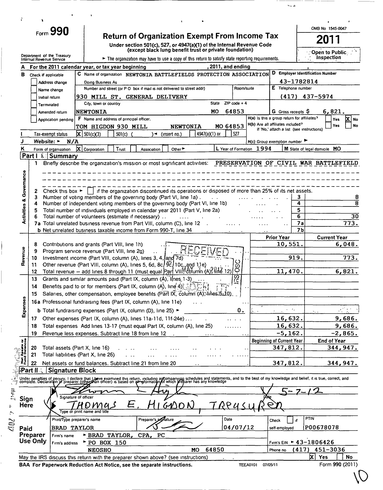 Image of first page of 2011 Form 990 for Newtonia Battlefields Protection Association