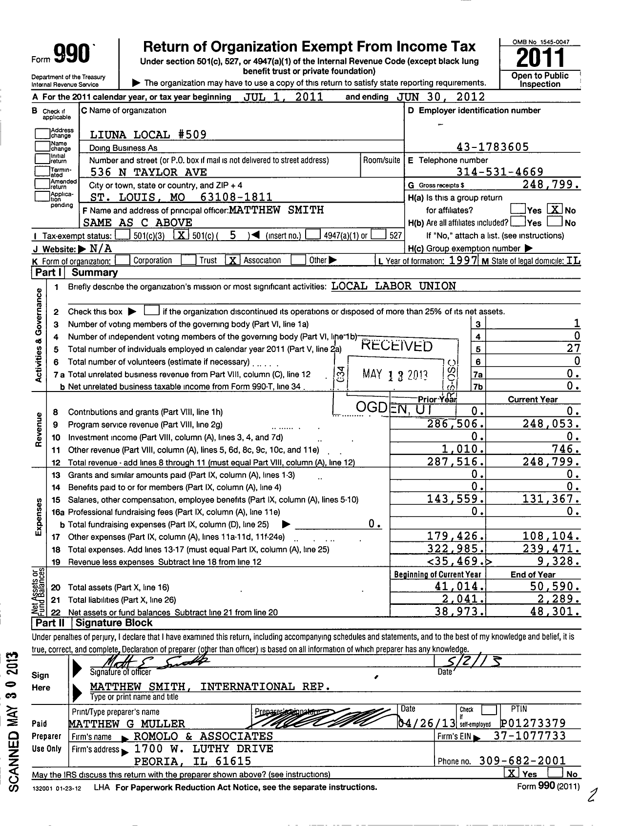 Image of first page of 2011 Form 990O for Laborers' International Union of North America - 509 Local