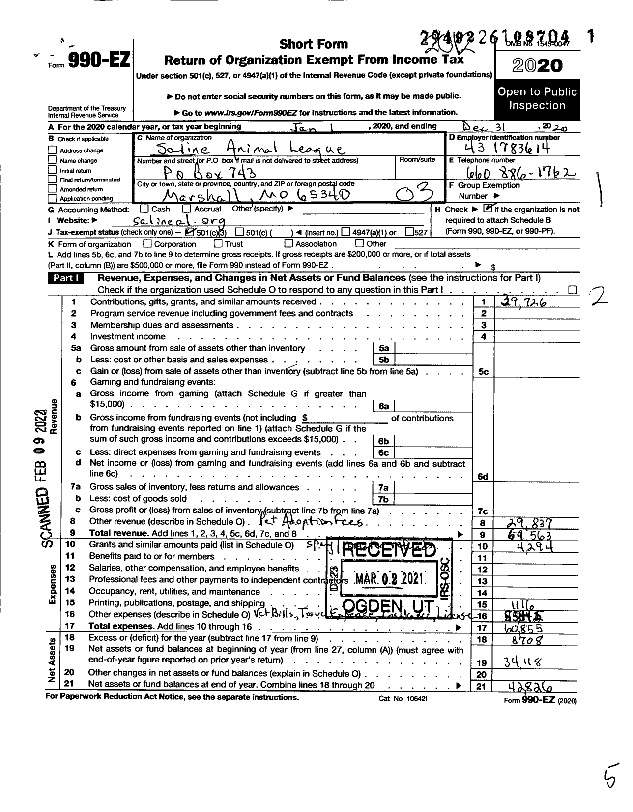 Image of first page of 2020 Form 990EZ for Saline Animal League