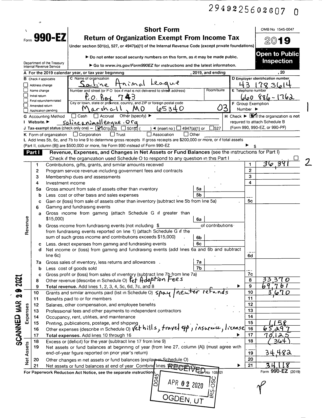 Image of first page of 2019 Form 990EZ for Saline Animal League