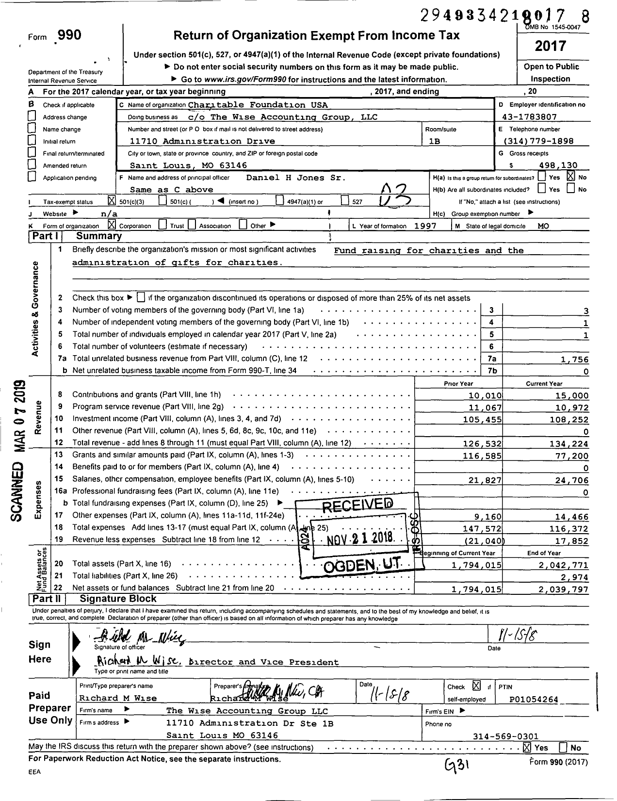 Image of first page of 2017 Form 990 for Charitable Foundation USA
