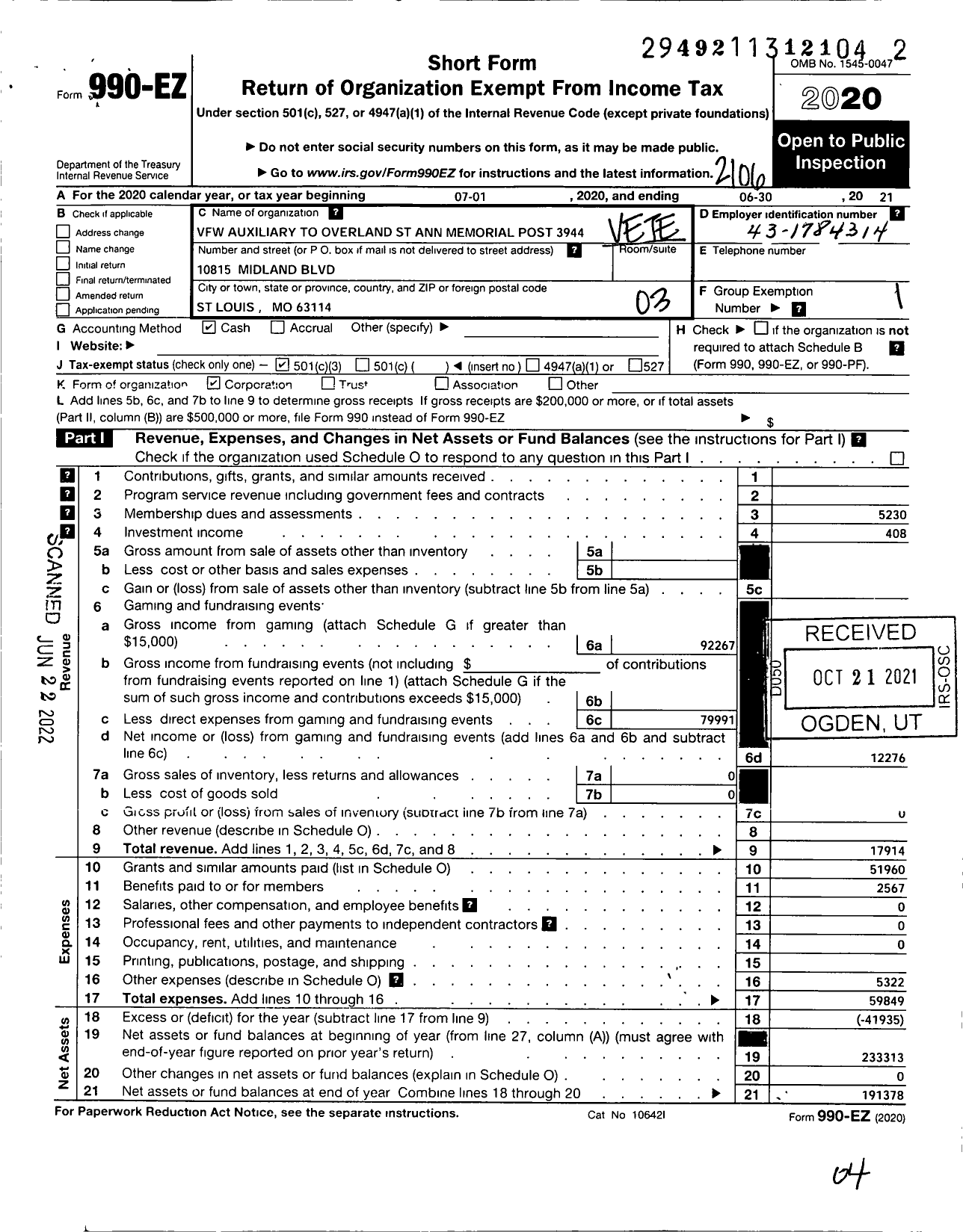 Image of first page of 2020 Form 990EZ for VFW Auxiliary Department of Missouri - 3944 VFW Auxiliary Overland St Ann Mem PO