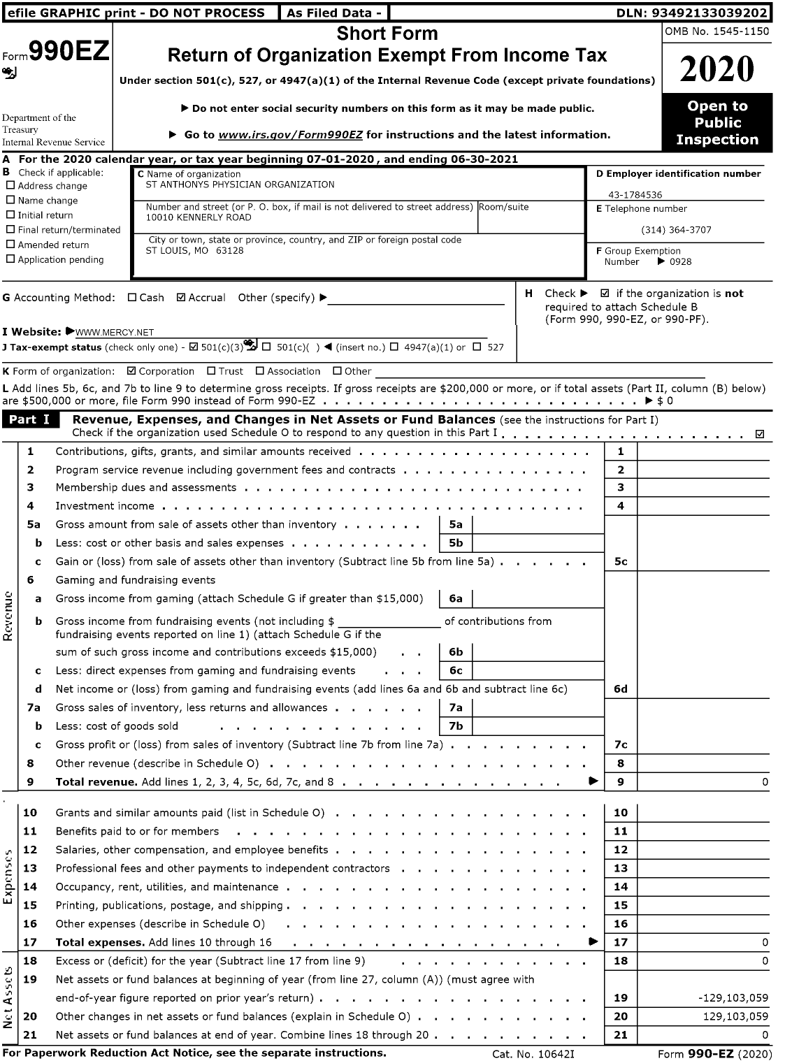 Image of first page of 2020 Form 990EZ for St Anthonys Physician Organization