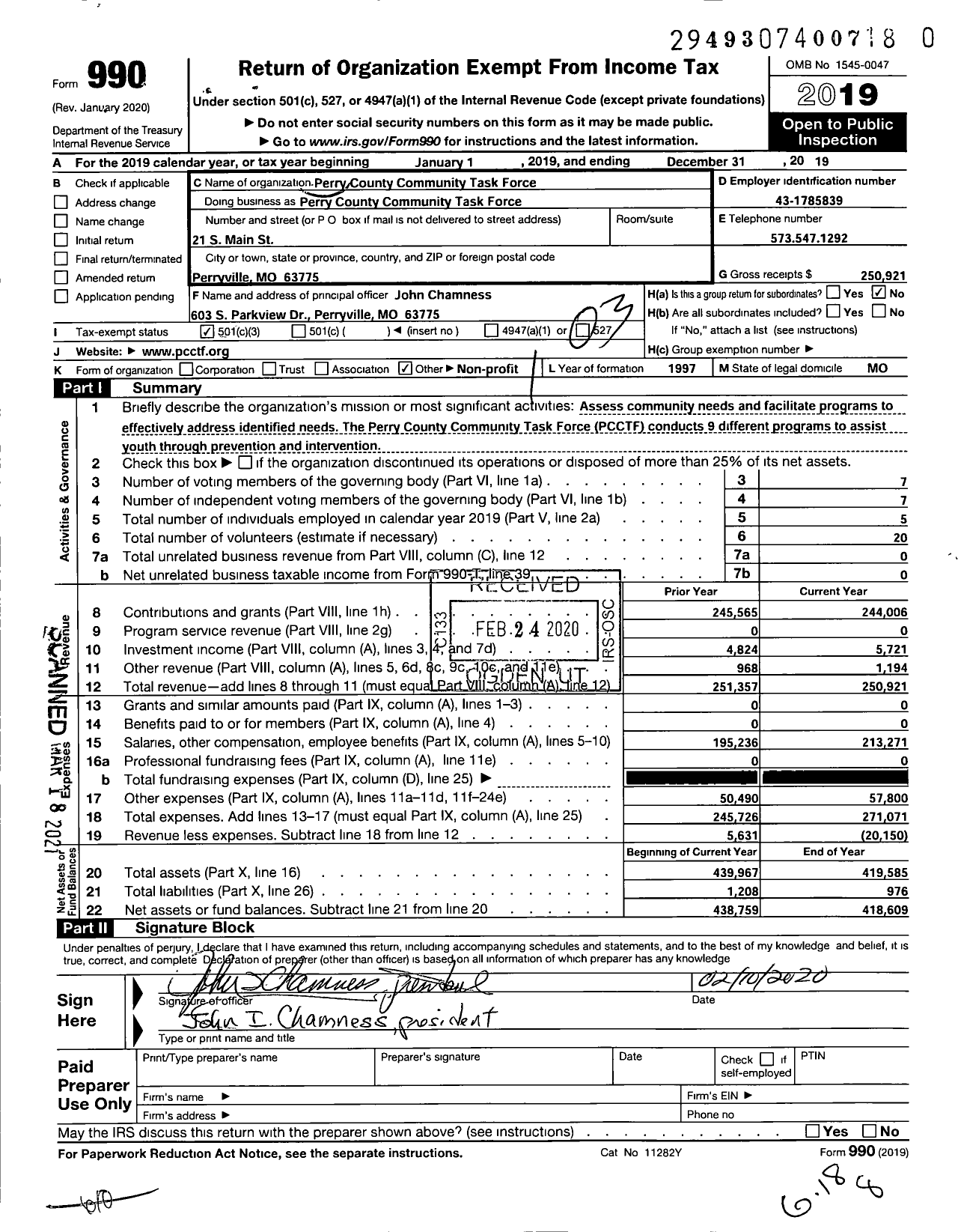 Image of first page of 2019 Form 990 for Perry County Community Task Force