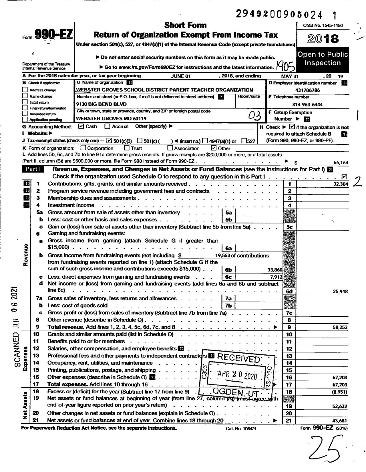 Image of first page of 2018 Form 990EZ for Webster Groves School District Parent Teacher Organization