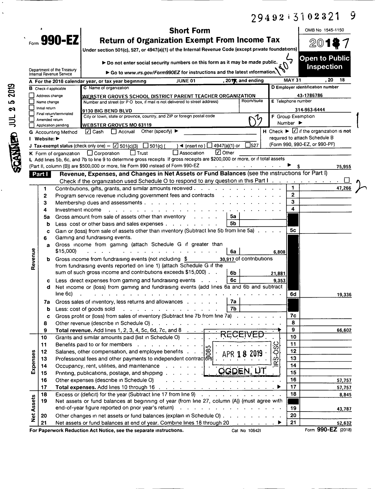 Image of first page of 2017 Form 990EZ for Webster Groves School District Parent Teacher Organization