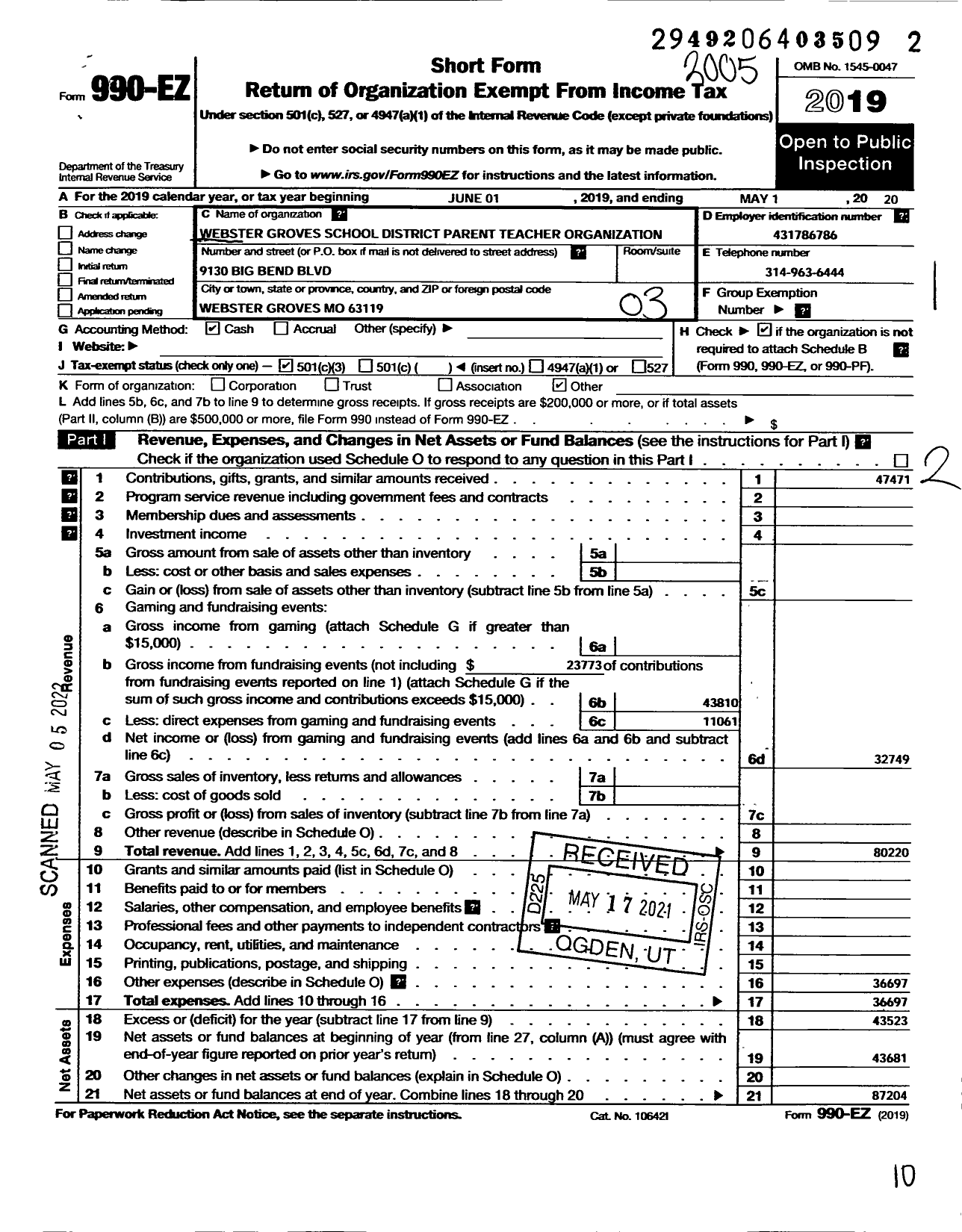 Image of first page of 2019 Form 990EZ for Webster Groves School District Parent Teacher Organization