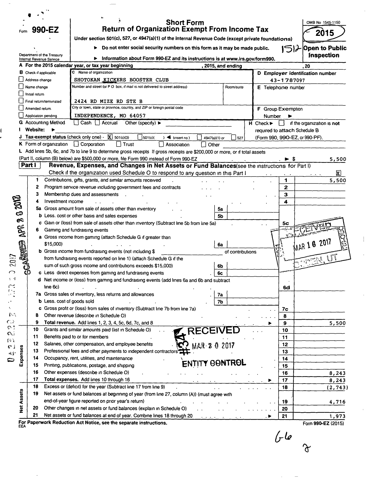 Image of first page of 2015 Form 990EZ for Shotokan Kickers Booster Club