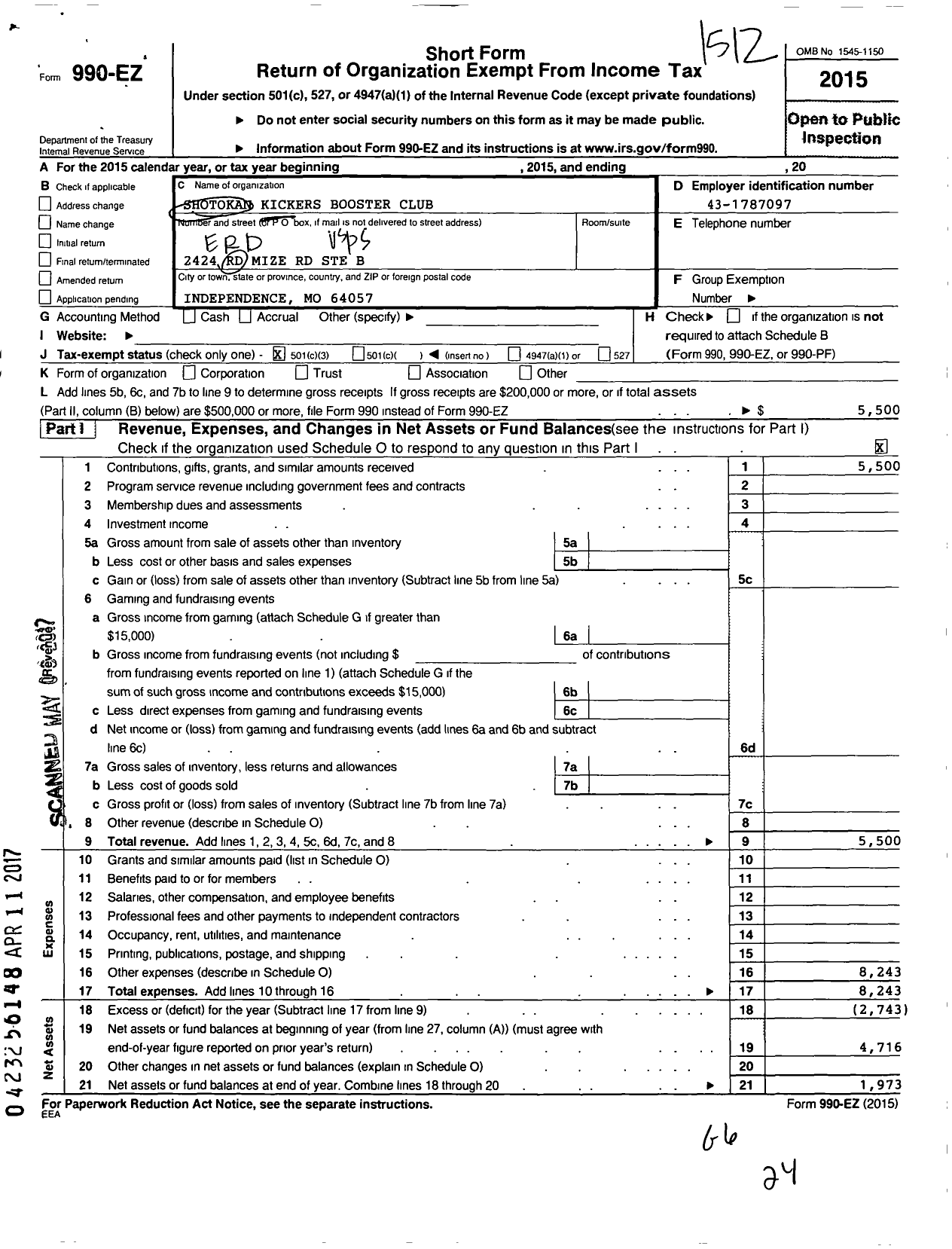 Image of first page of 2015 Form 990EZ for Shotokan Kickers Booster Club