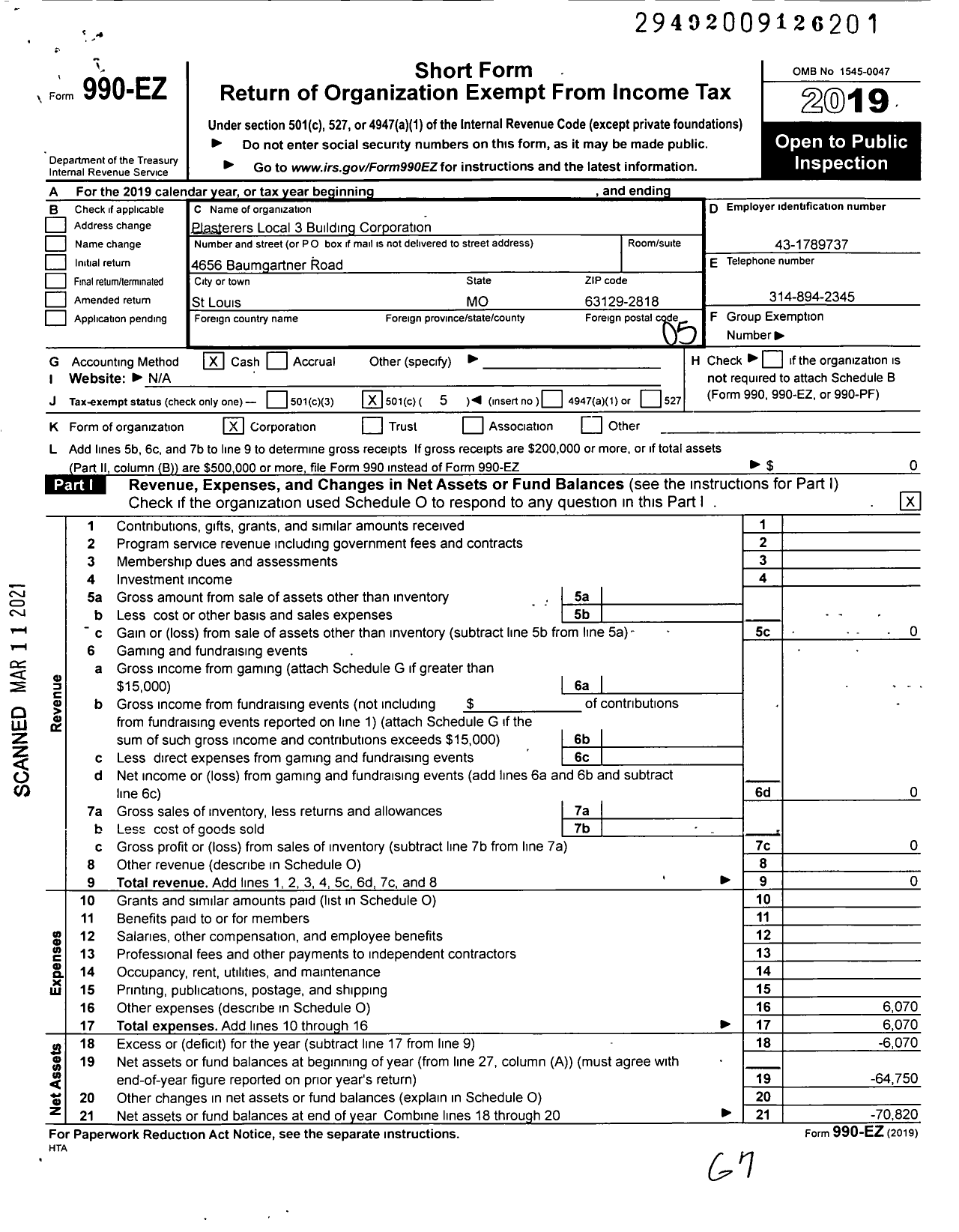 Image of first page of 2019 Form 990EO for Plasters Local No 3 Building Corporation