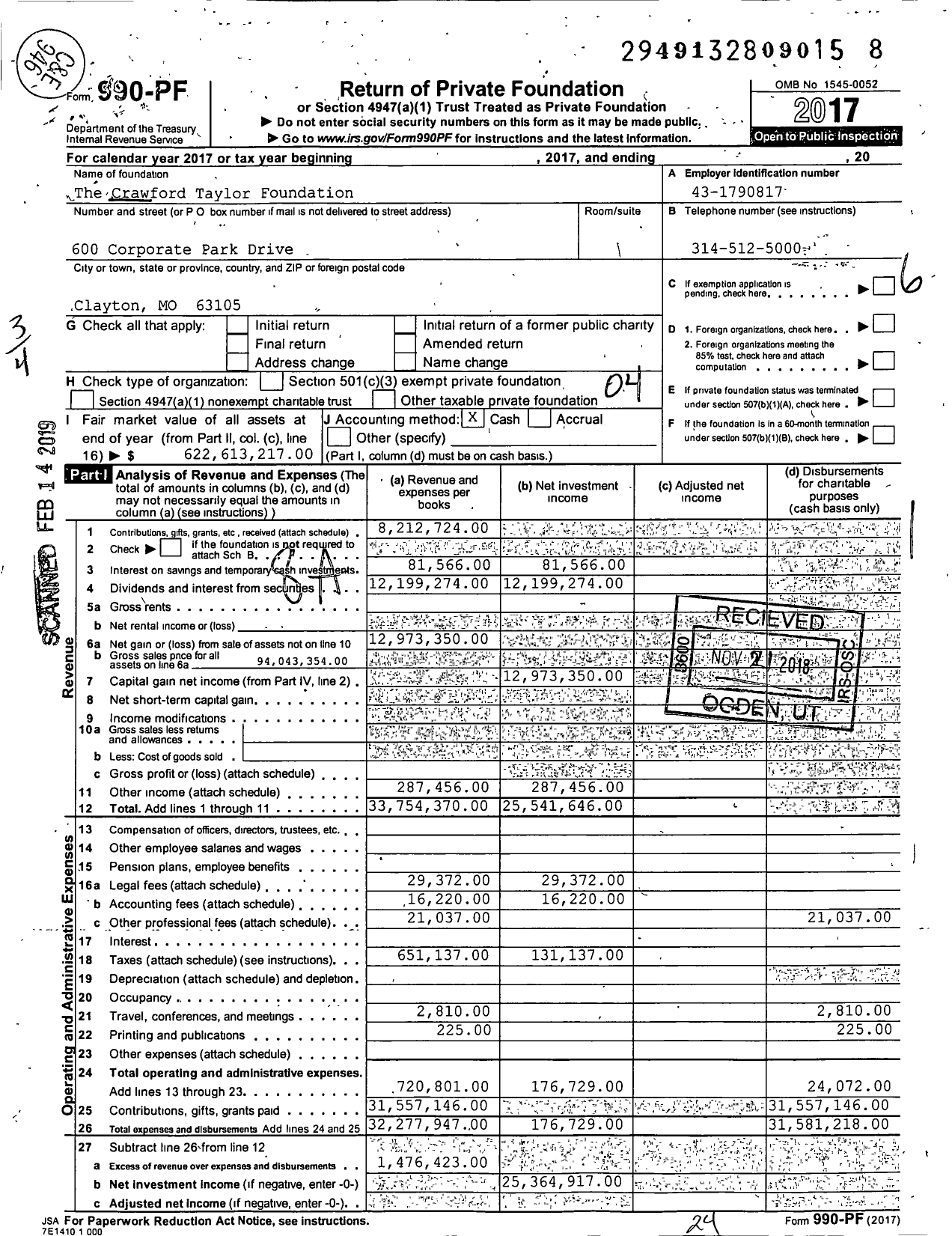 Image of first page of 2017 Form 990PF for The Crawford Taylor Foundation