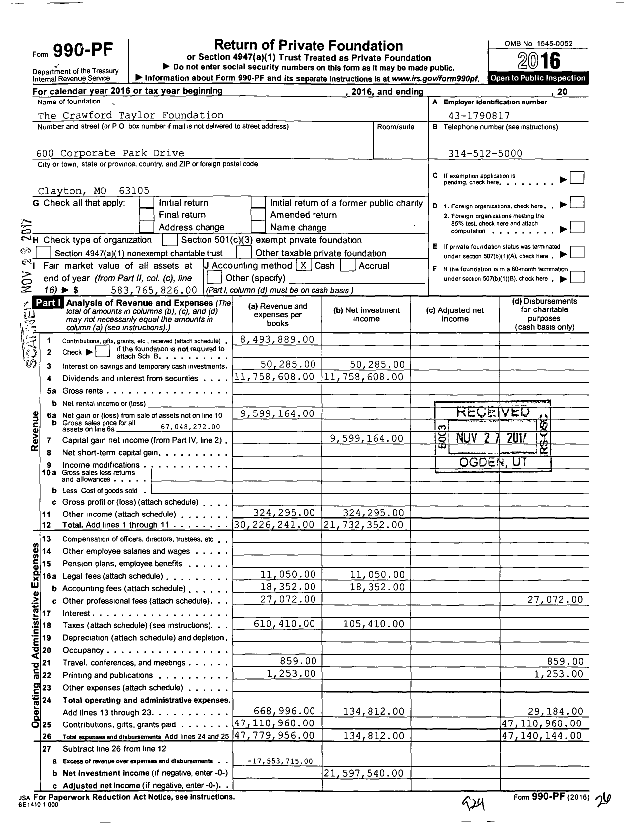Image of first page of 2016 Form 990PF for The Crawford Taylor Foundation