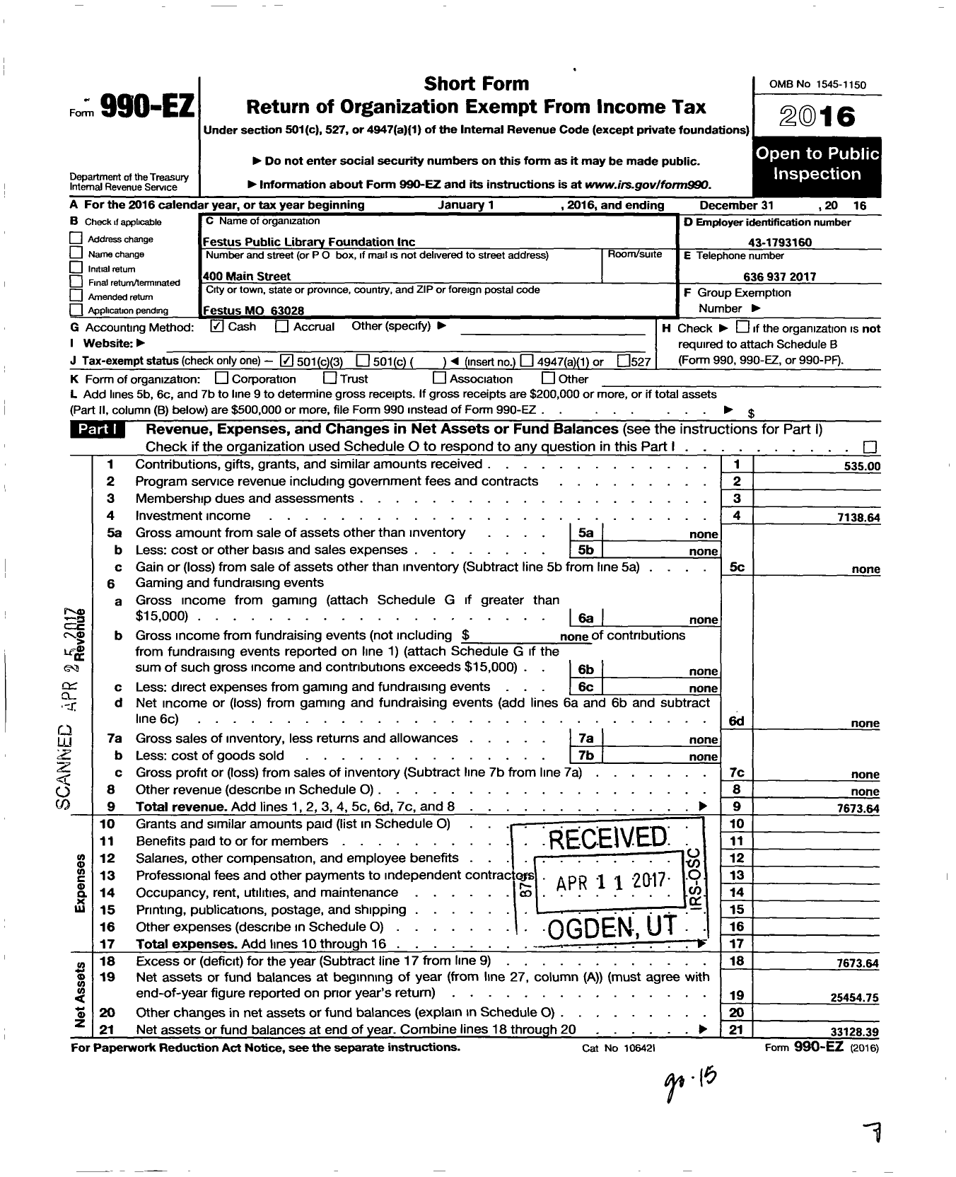 Image of first page of 2016 Form 990EZ for Festus Public Library Foundation