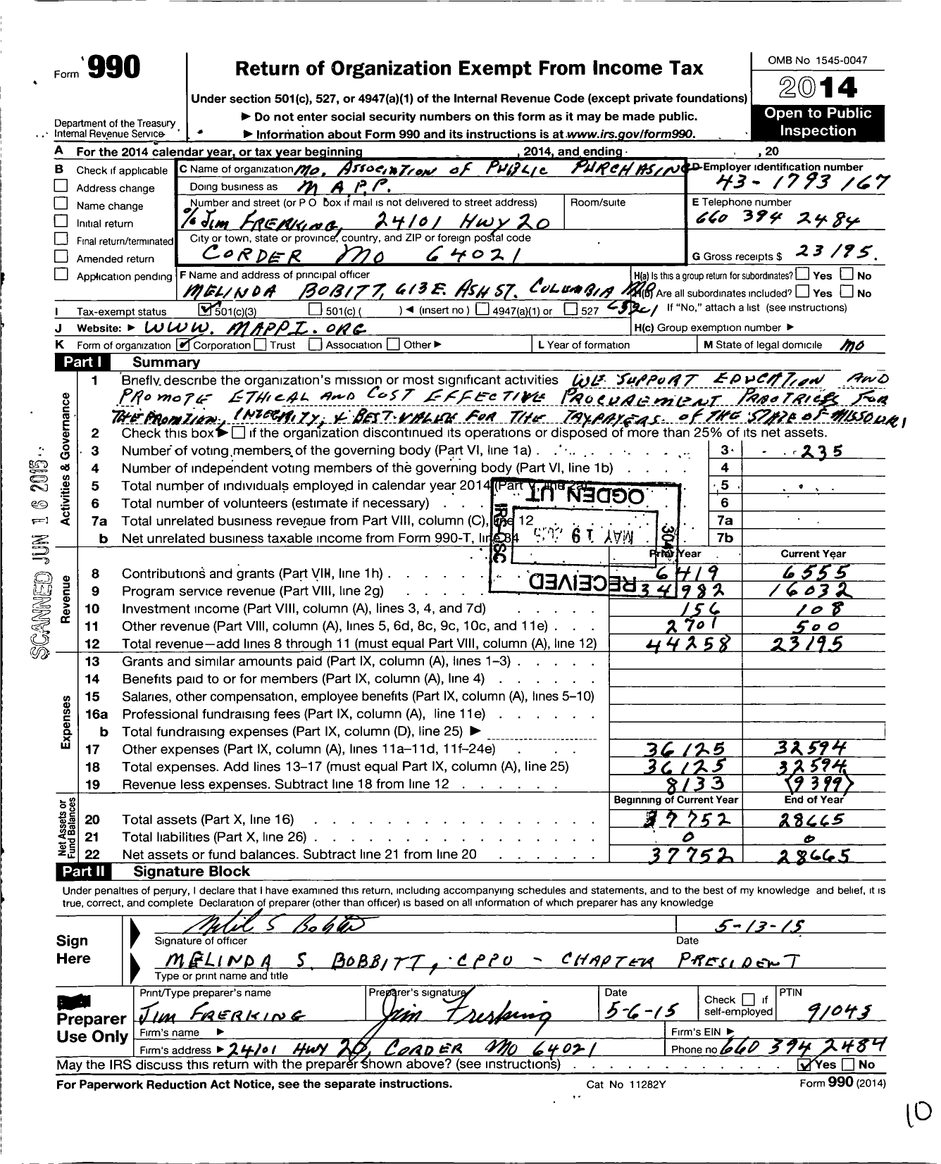 Image of first page of 2014 Form 990 for Missouri Association of Public Purchasing (MAPP)
