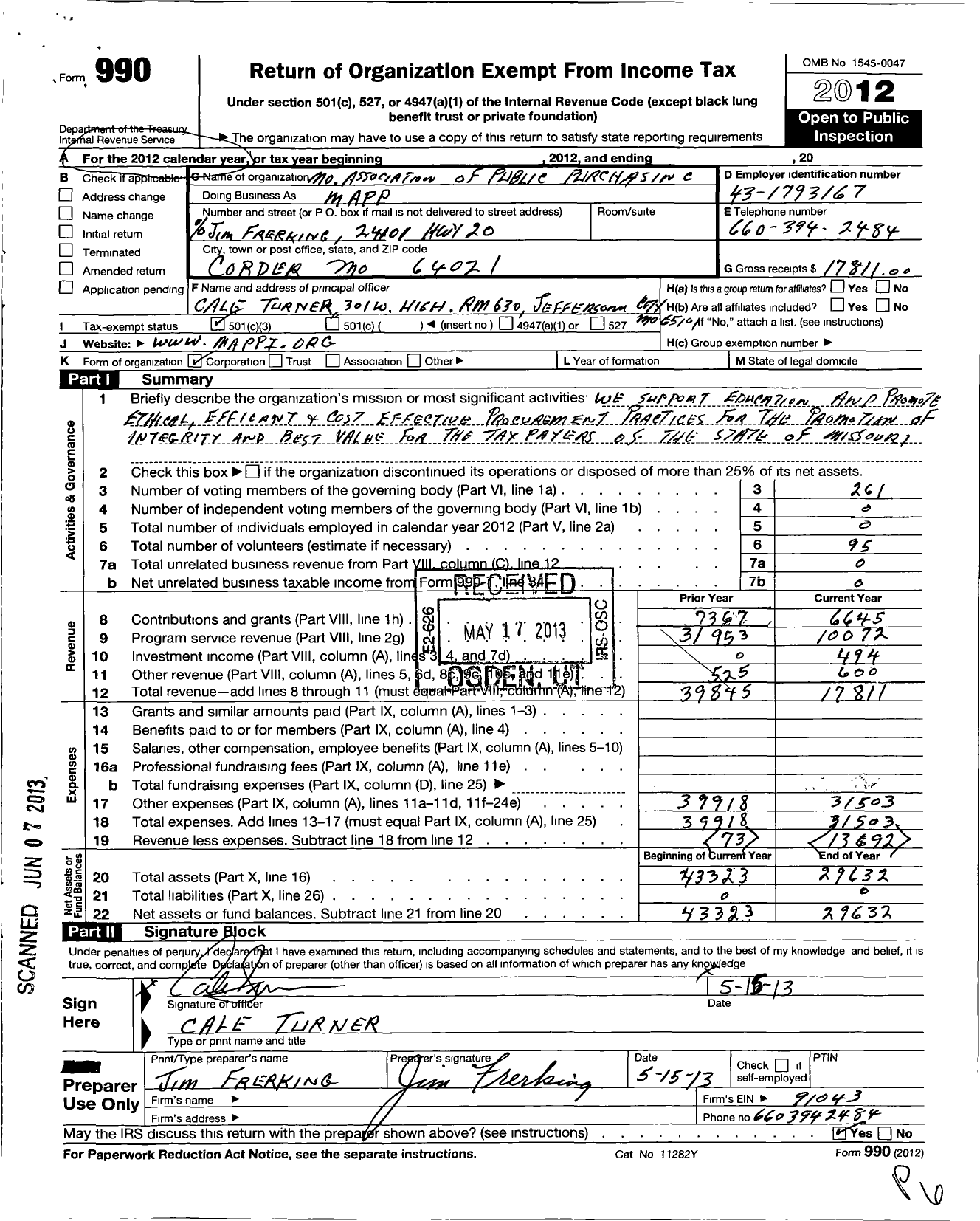 Image of first page of 2012 Form 990 for Missouri Association of Public Purchasing (MAPP)