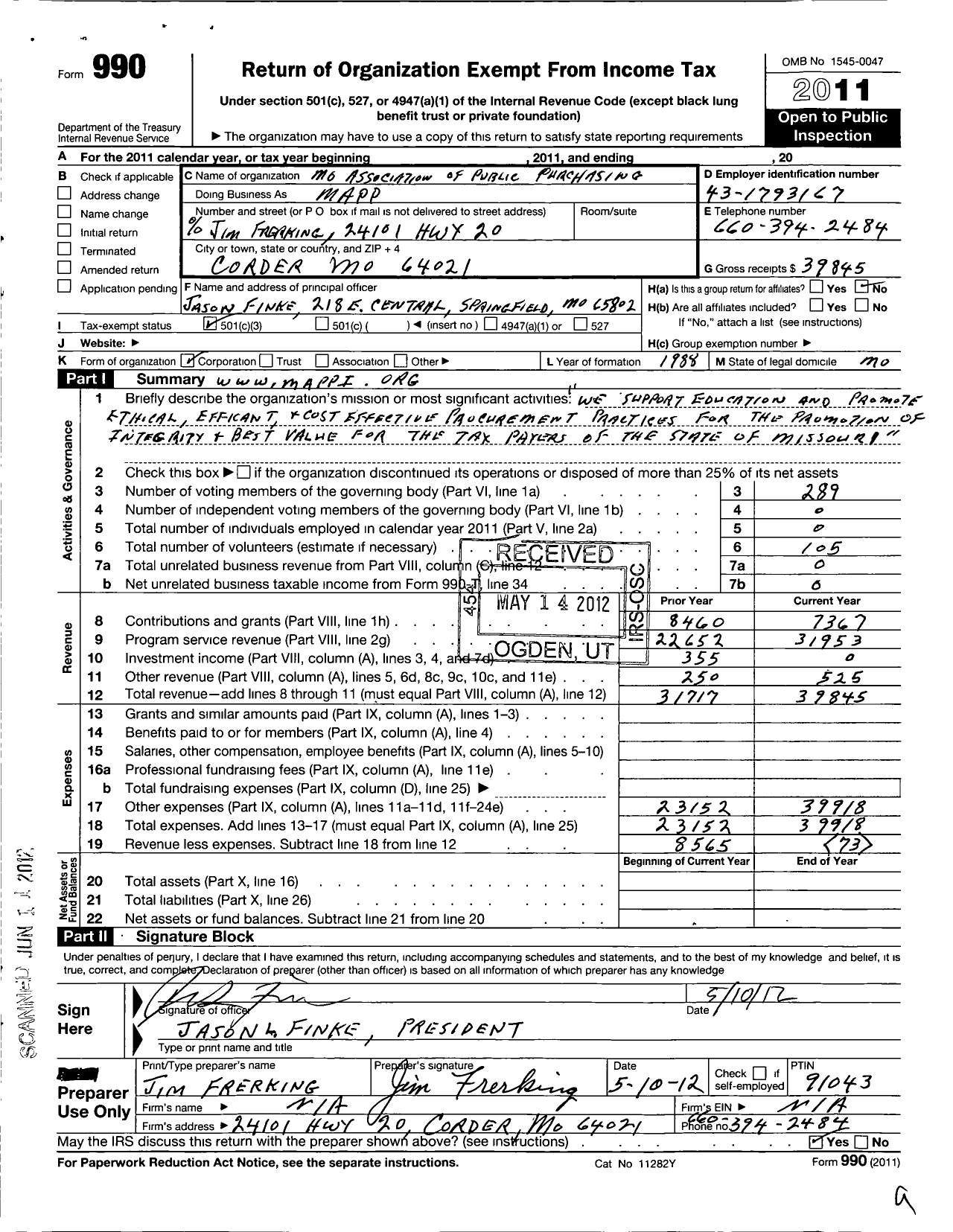 Image of first page of 2011 Form 990 for Missouri Association of Public Purchasing (MAPP)