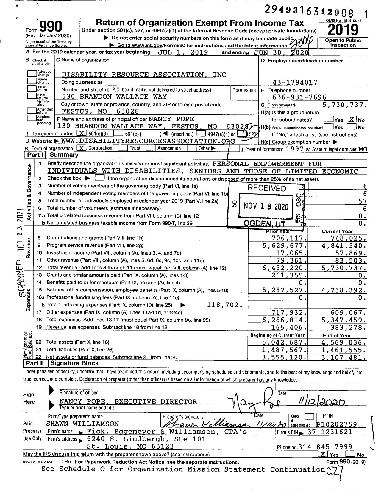 Image of first page of 2019 Form 990 for Disability Resource Association