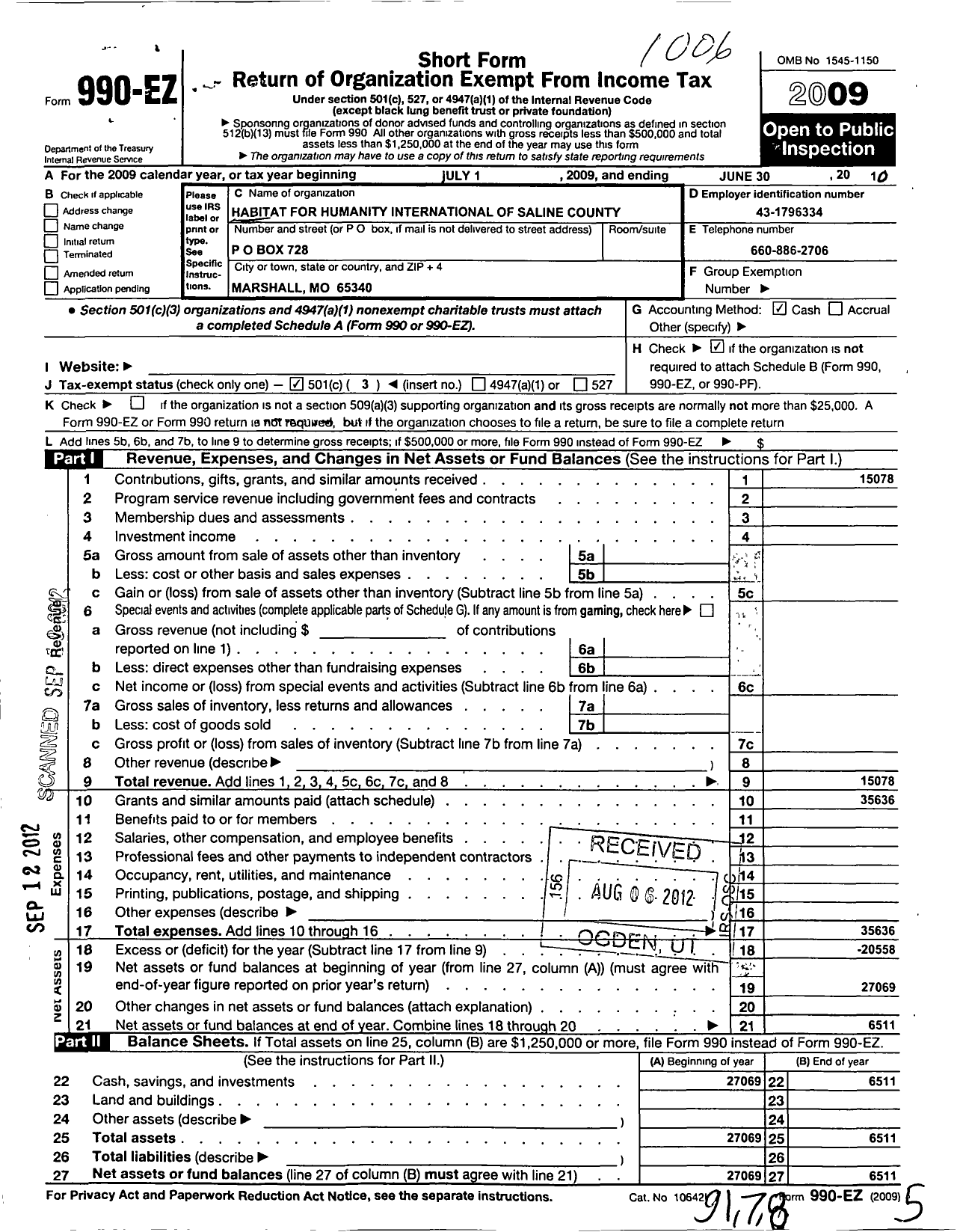 Image of first page of 2009 Form 990EZ for Habitat for Humanity - Saline County HFH