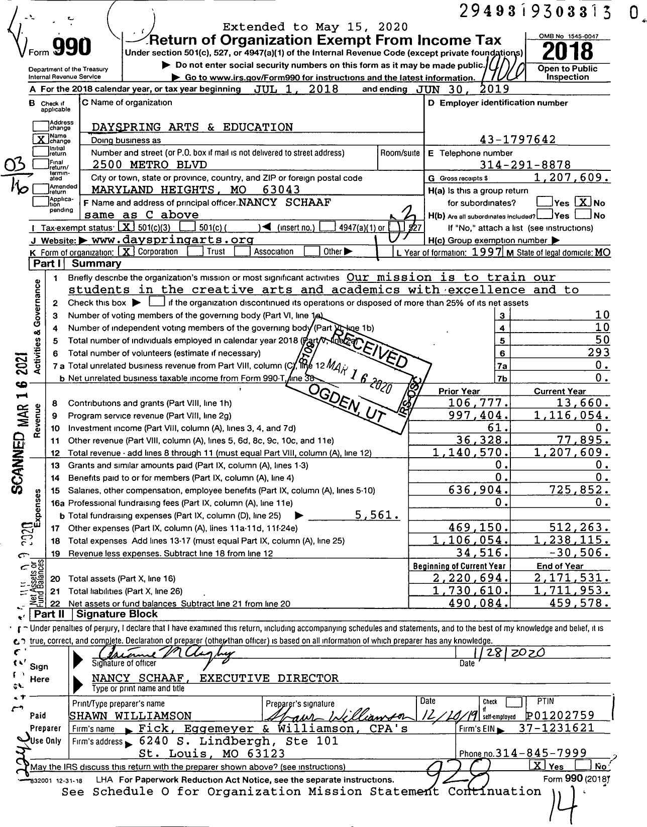 Image of first page of 2018 Form 990 for Dayspring Arts and Education