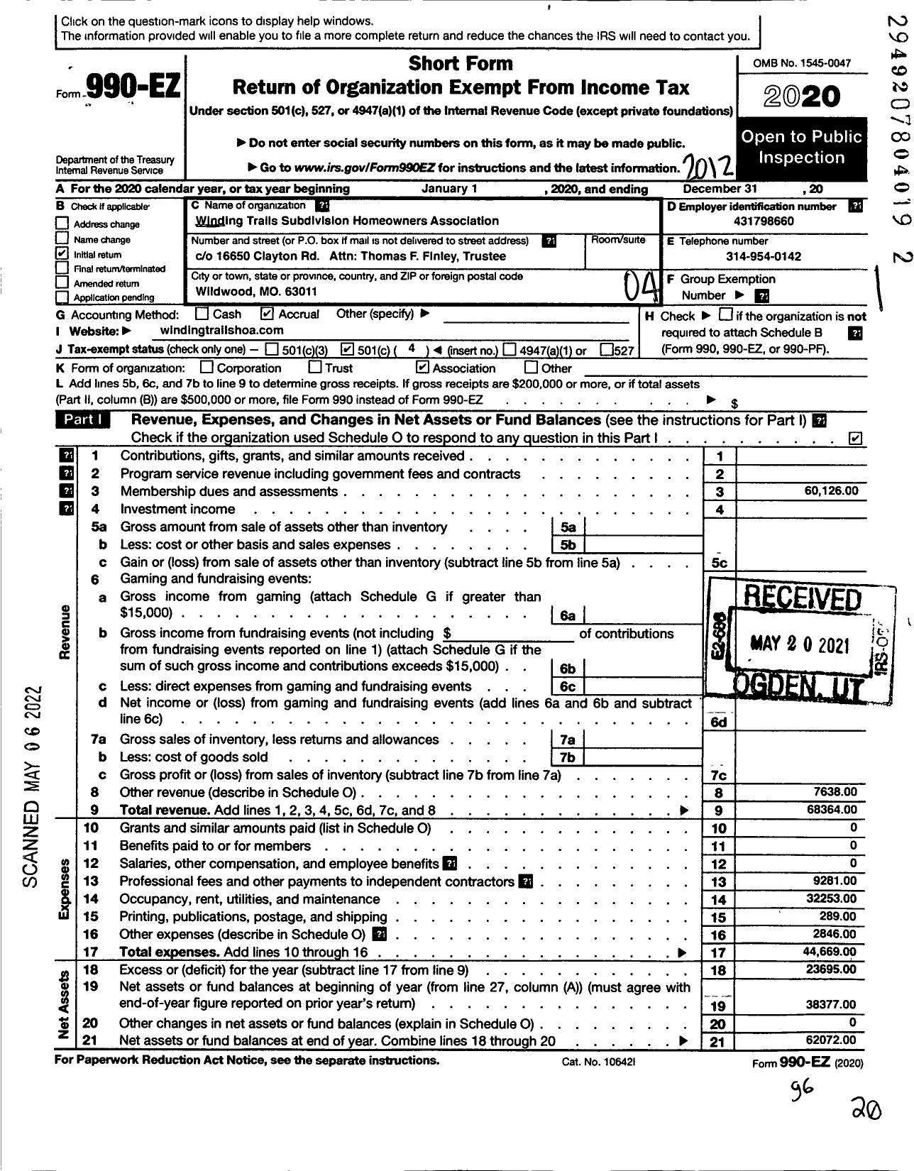 Image of first page of 2020 Form 990EO for Winding Trails Subdivision Homeowners Association