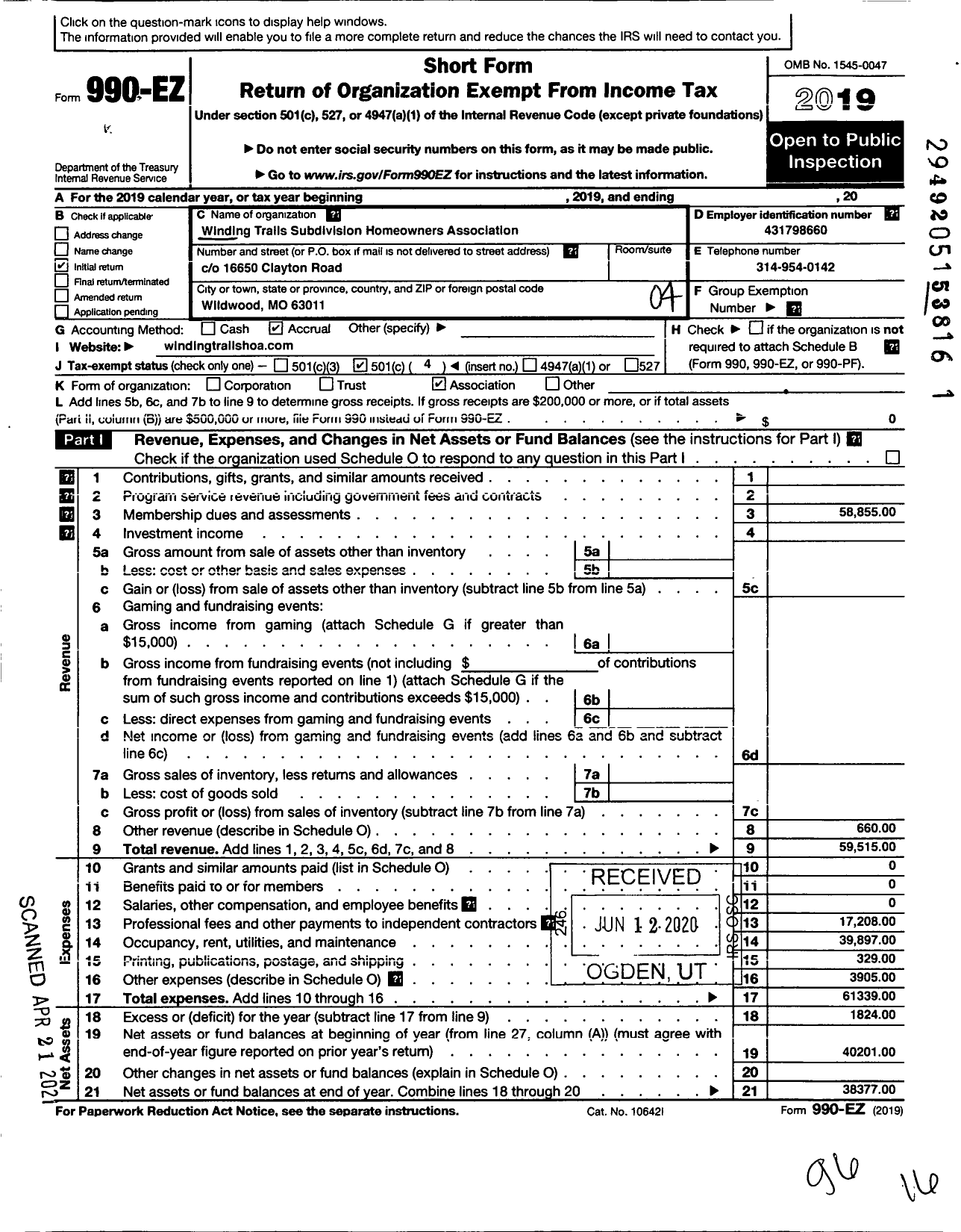 Image of first page of 2019 Form 990EO for Winding Trails Subdivision Homeowners Association